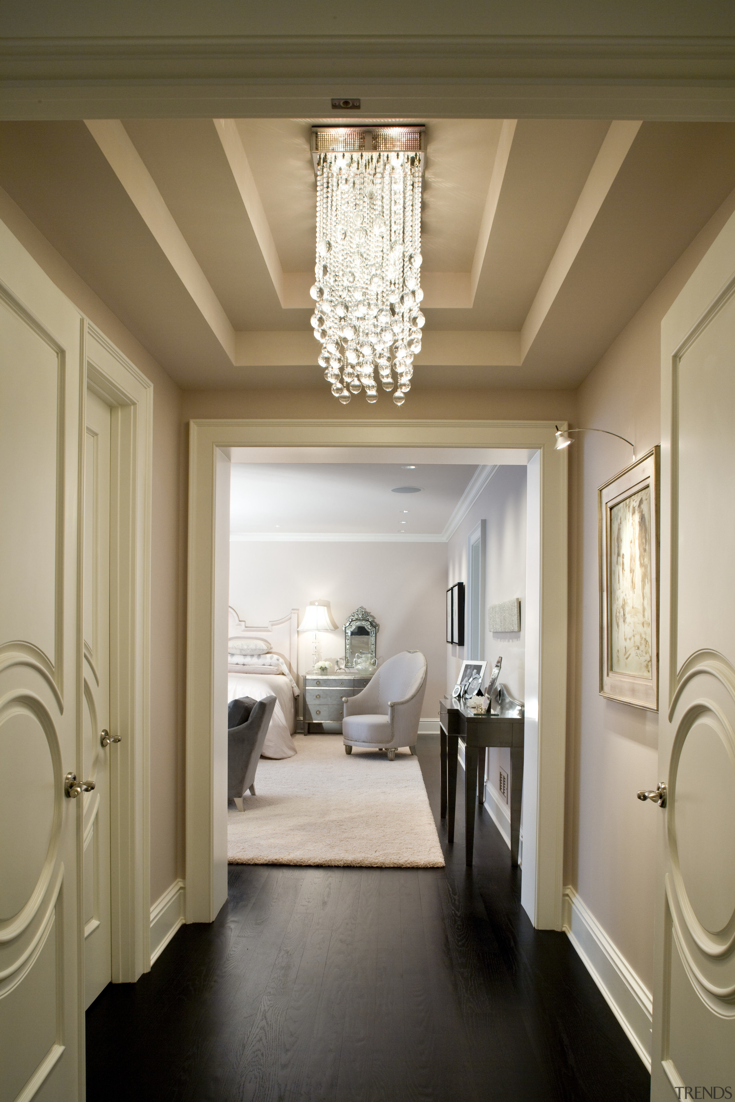 Image of the hallway leading to the master ceiling, floor, flooring, home, interior design, light fixture, room, wall, window, brown, gray