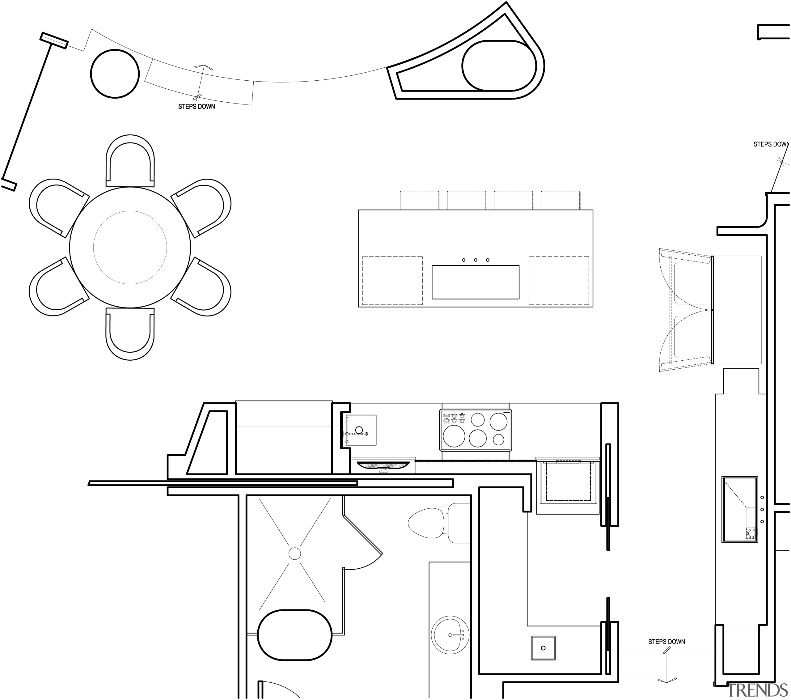 Plan of a kitchen by MIck De Giulio angle, area, artwork, black and white, design, diagram, drawing, floor plan, font, furniture, line, line art, product, product design, structure, technical drawing, text, white
