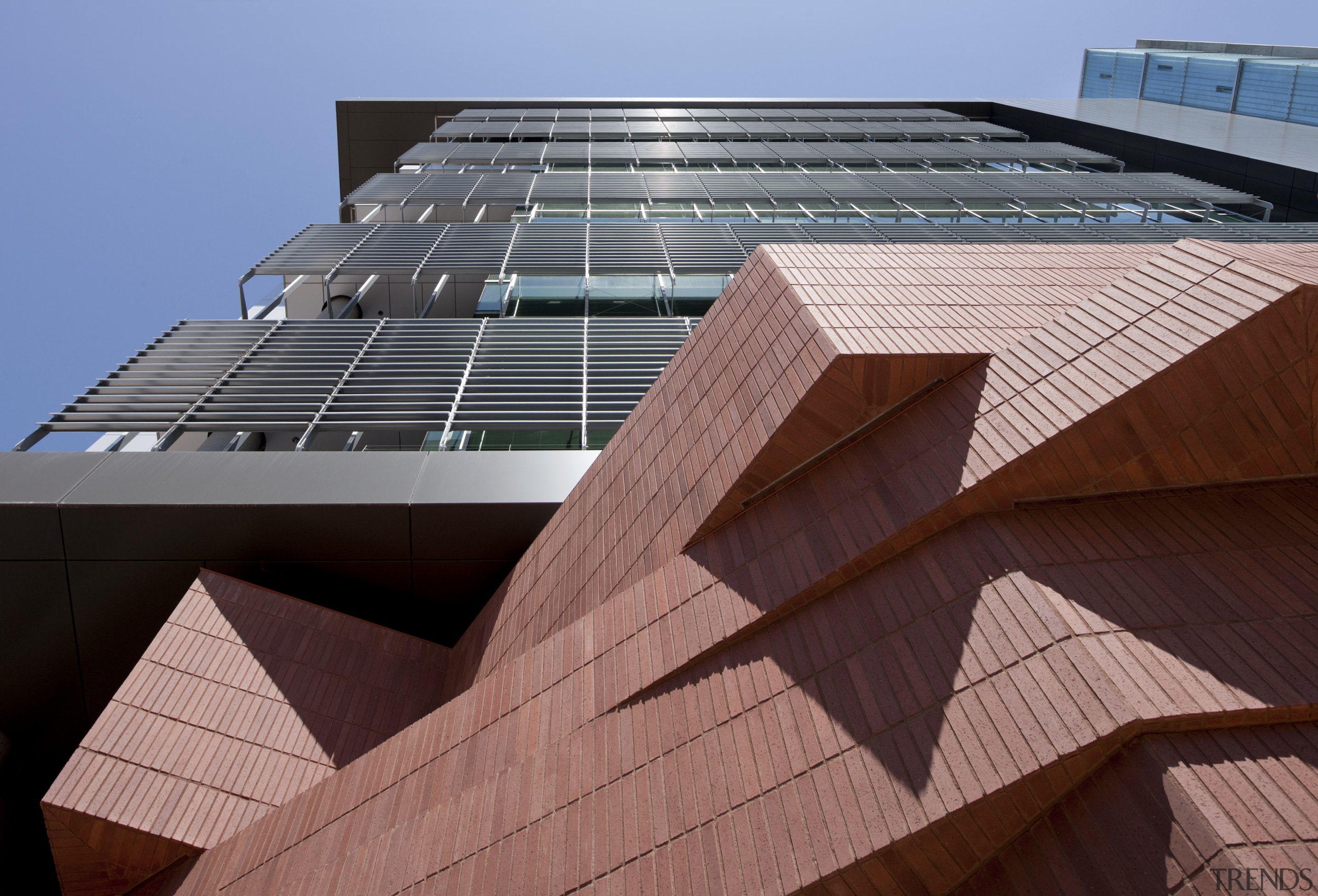 Arizona State University Interdisciplinary Science and Technology Building angle, architecture, building, commercial building, condominium, corporate headquarters, daylighting, daytime, facade, line, metropolitan area, roof, skyscraper, structure, urban area, wood, red