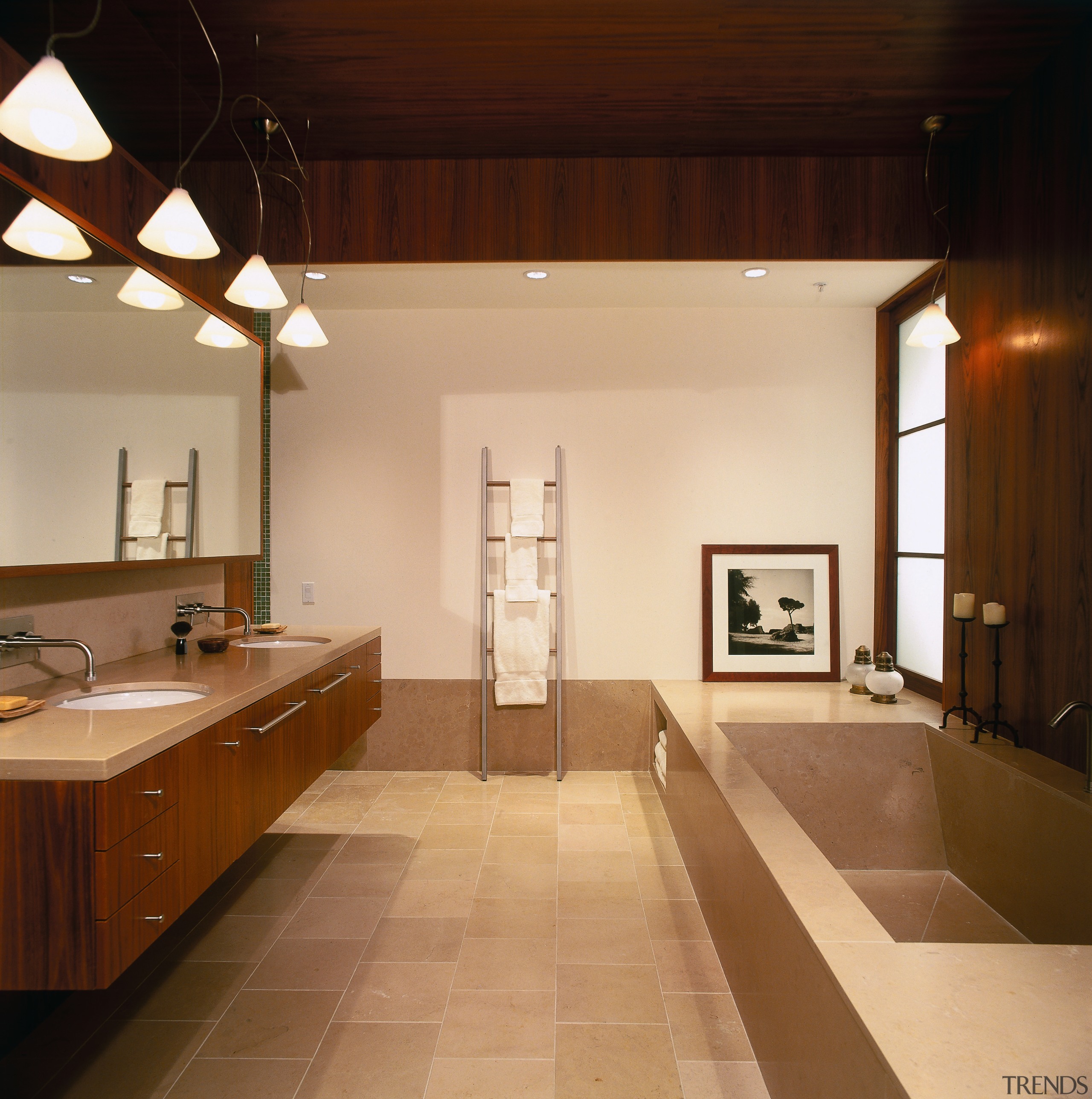 view of the bathroom featuring teak veneer vanity architecture, bathroom, ceiling, countertop, daylighting, floor, flooring, home, house, interior design, real estate, room, sink, orange, brown