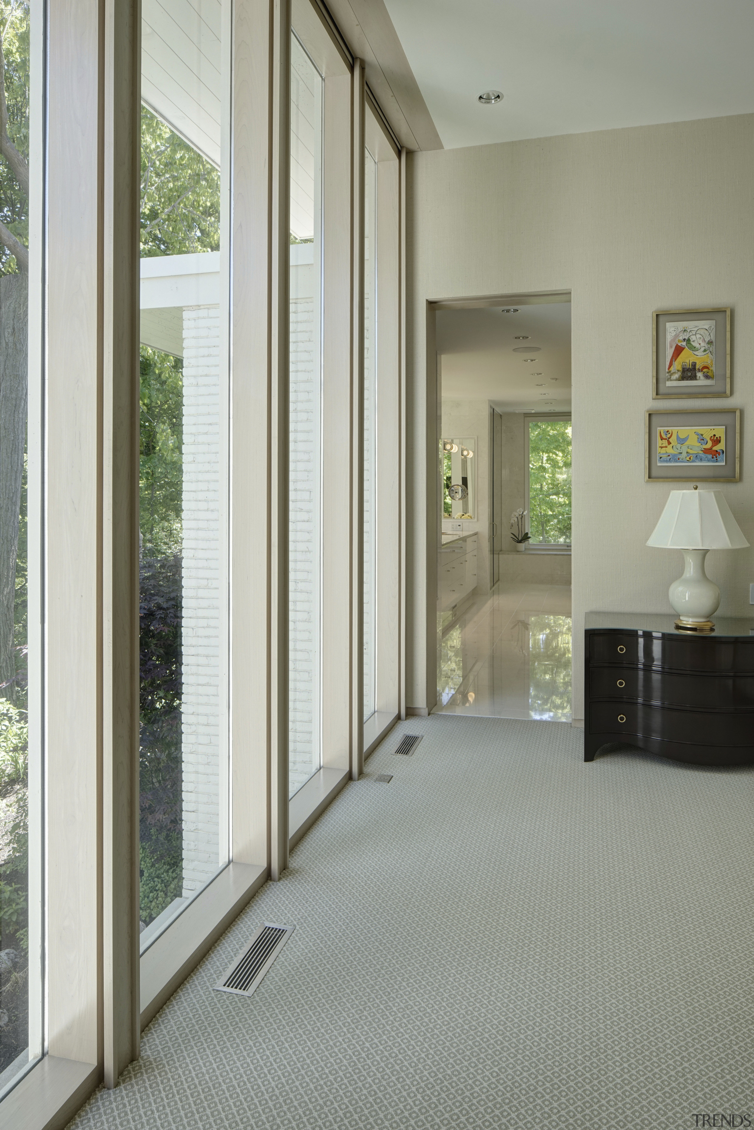 In the bedroom, full-height windows create a seamless architecture, daylighting, door, floor, flooring, home, house, interior design, real estate, window, gray