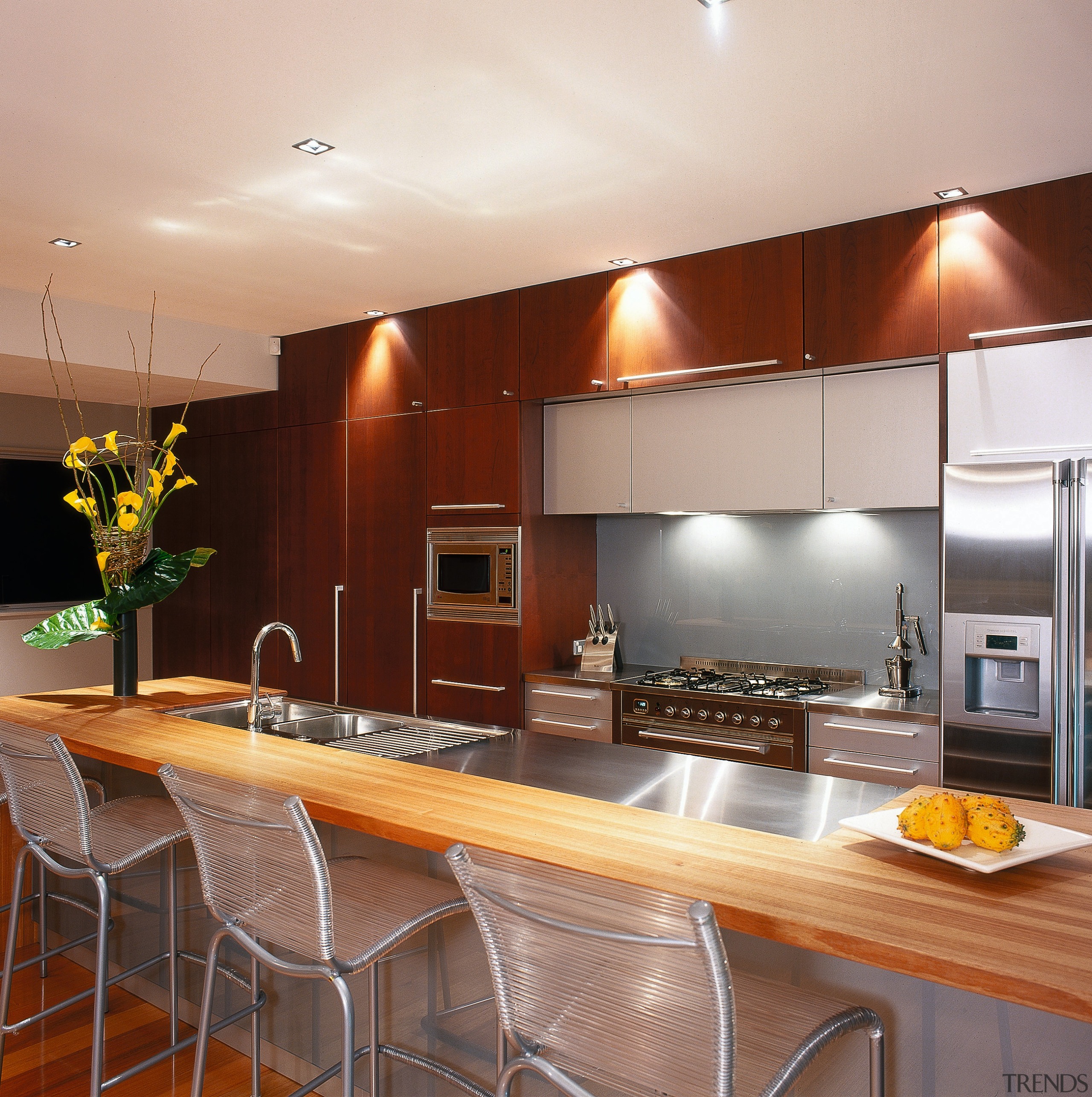 Kitchen with wooden cabinetry and wooden and stainless cabinetry, ceiling, countertop, cuisine classique, interior design, kitchen, real estate, room, under cabinet lighting, gray