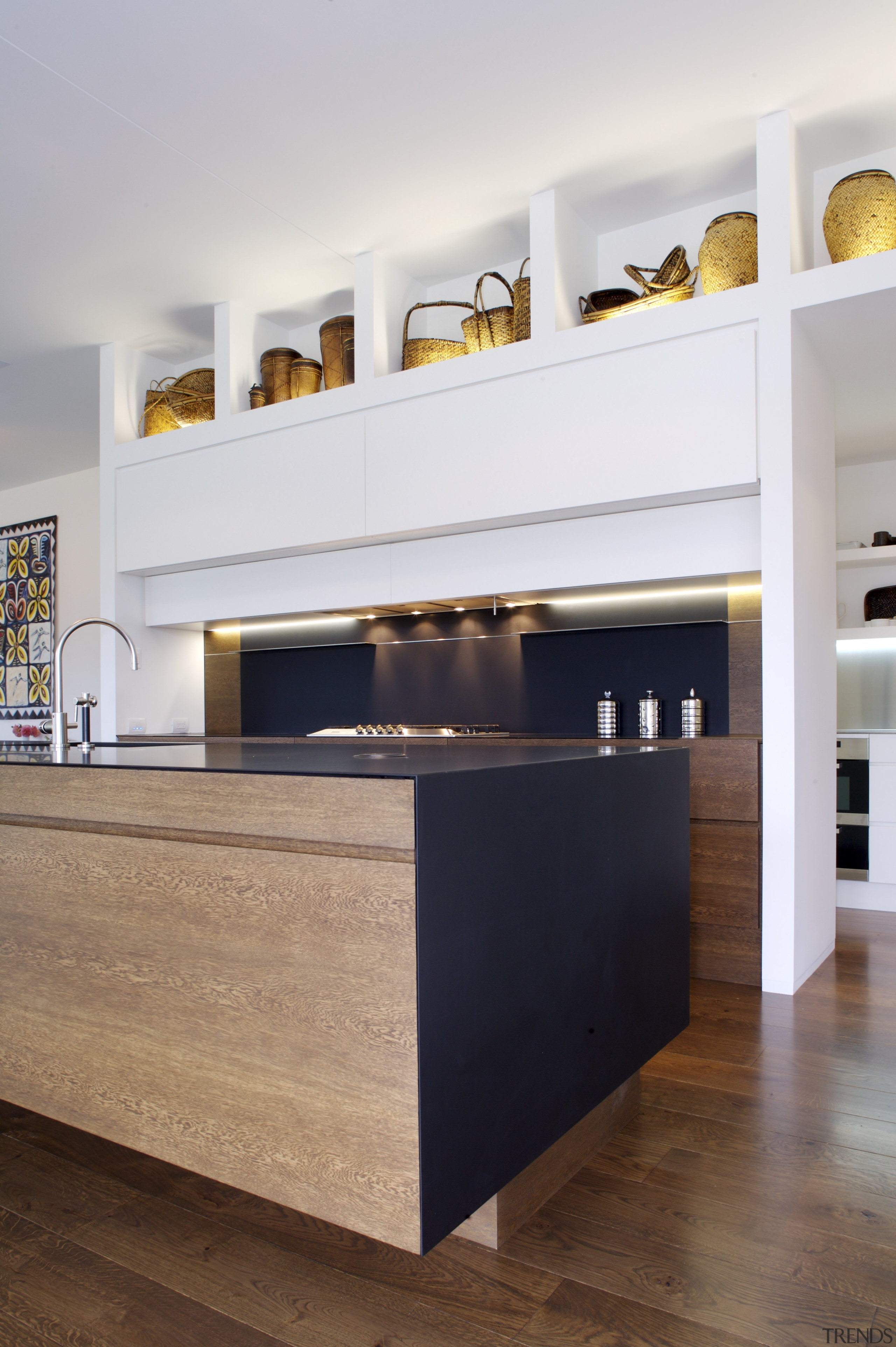 View of kitchen which features oak veneer island architecture, countertop, furniture, interior design, kitchen, product design, shelf, table, white