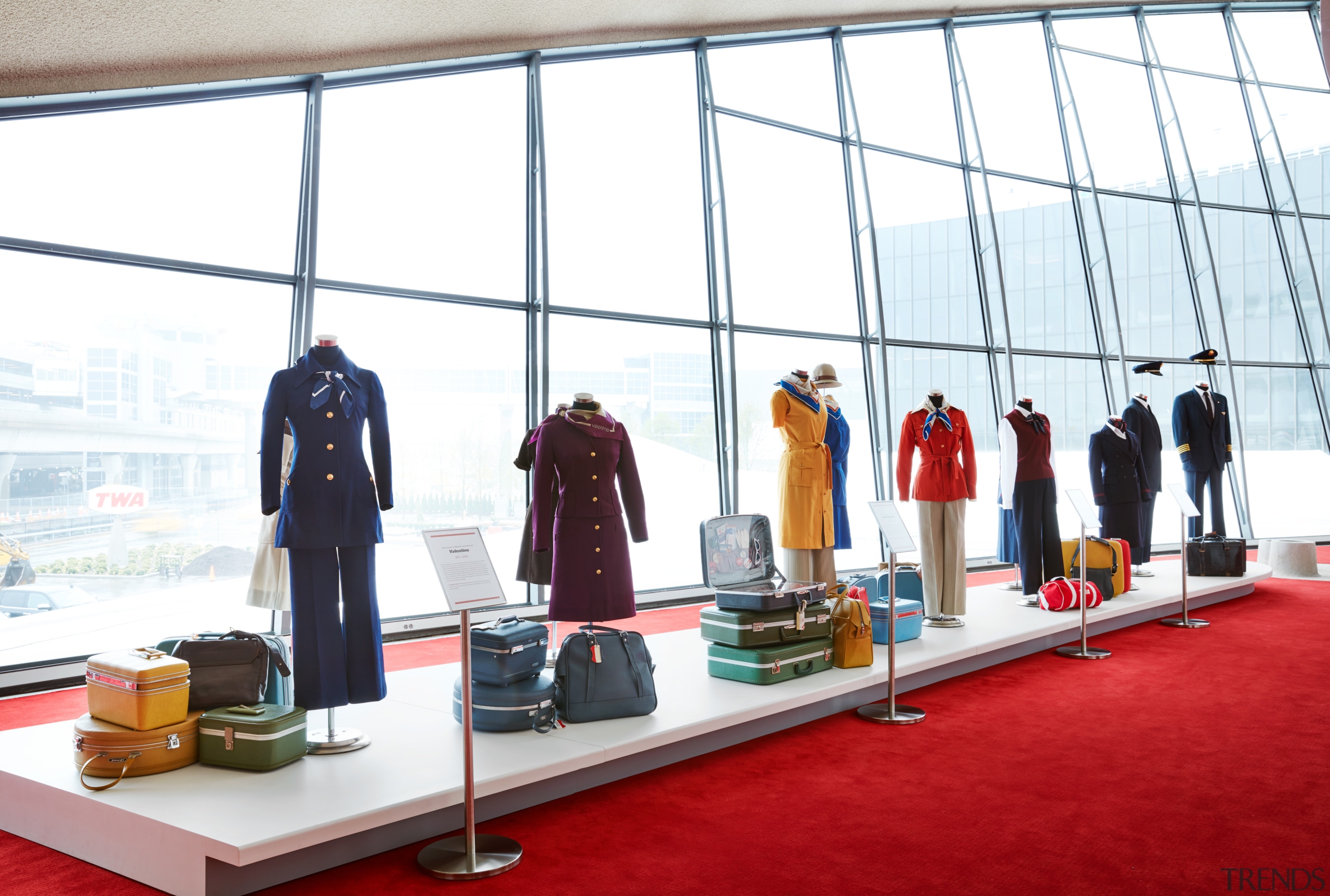 Come fly with us! A collection of vintage architecture, vintage TWA crew uniforms, Valentino, Stan Herman, Ralph Lauren,  Display TWA Hotel