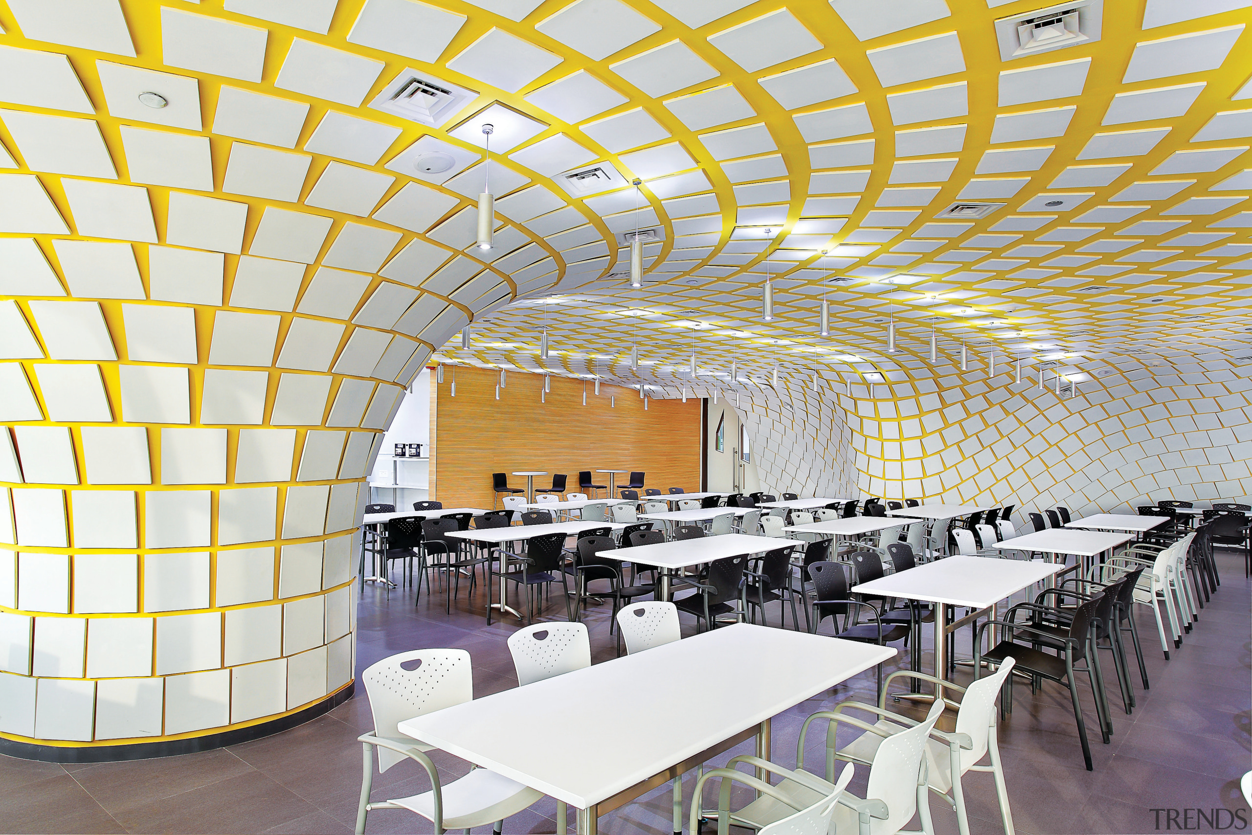 In the cafeteria in the new Clariant Chemicals architecture, cafeteria, ceiling, daylighting, function hall, interior design, restaurant, structure, white