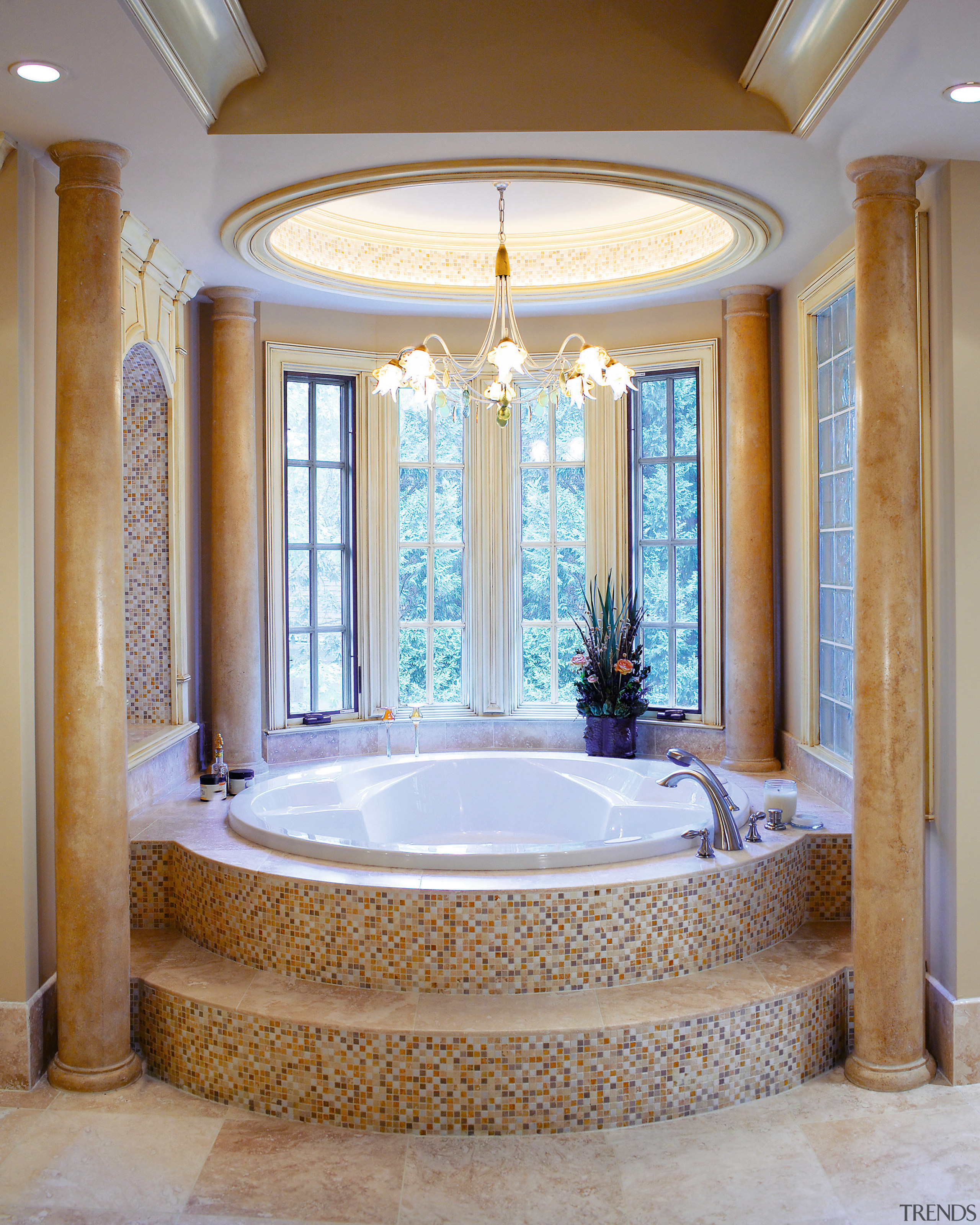A view of a kitchen and bathroom by architecture, bathroom, bathtub, ceiling, column, daylighting, estate, floor, flooring, home, interior design, real estate, room, structure, wall, window, gray, brown