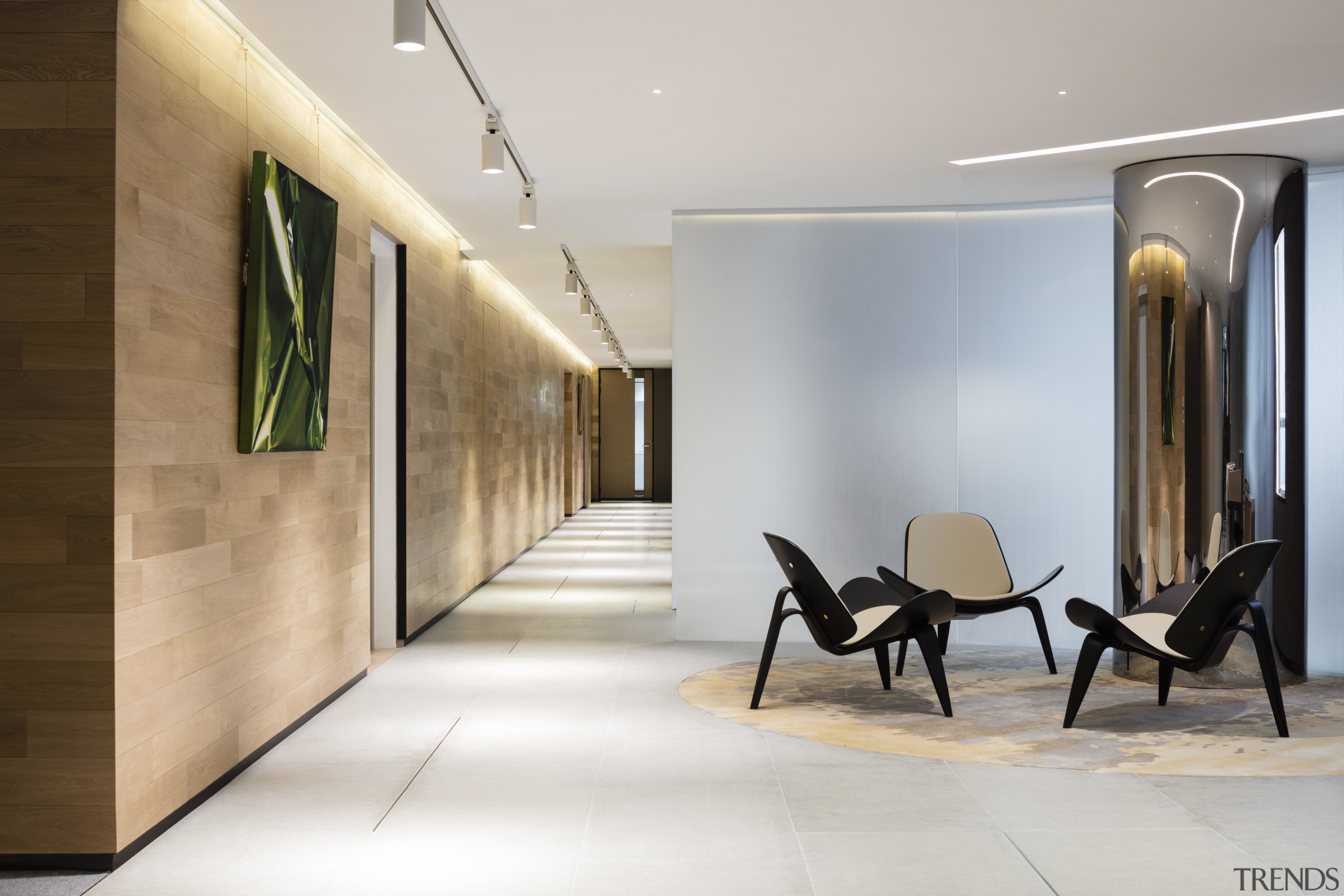 A timber feature wall, sandstone floors, a stainless architecture, ceiling, floor, flooring, interior design, lobby, white