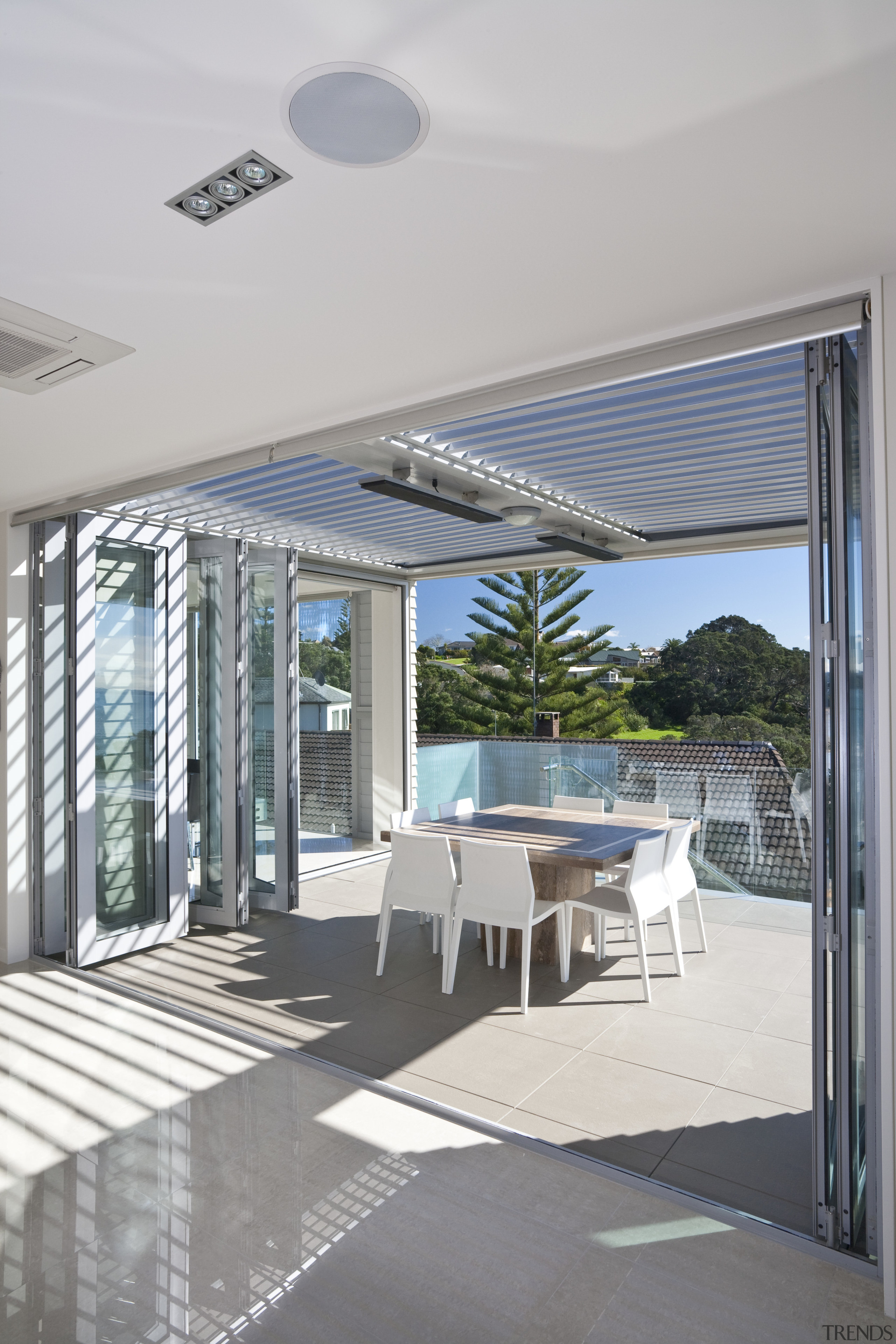 Exterior/interior Deck view of a Cliff top house, condominium, daylighting, house, interior design, real estate, window, gray