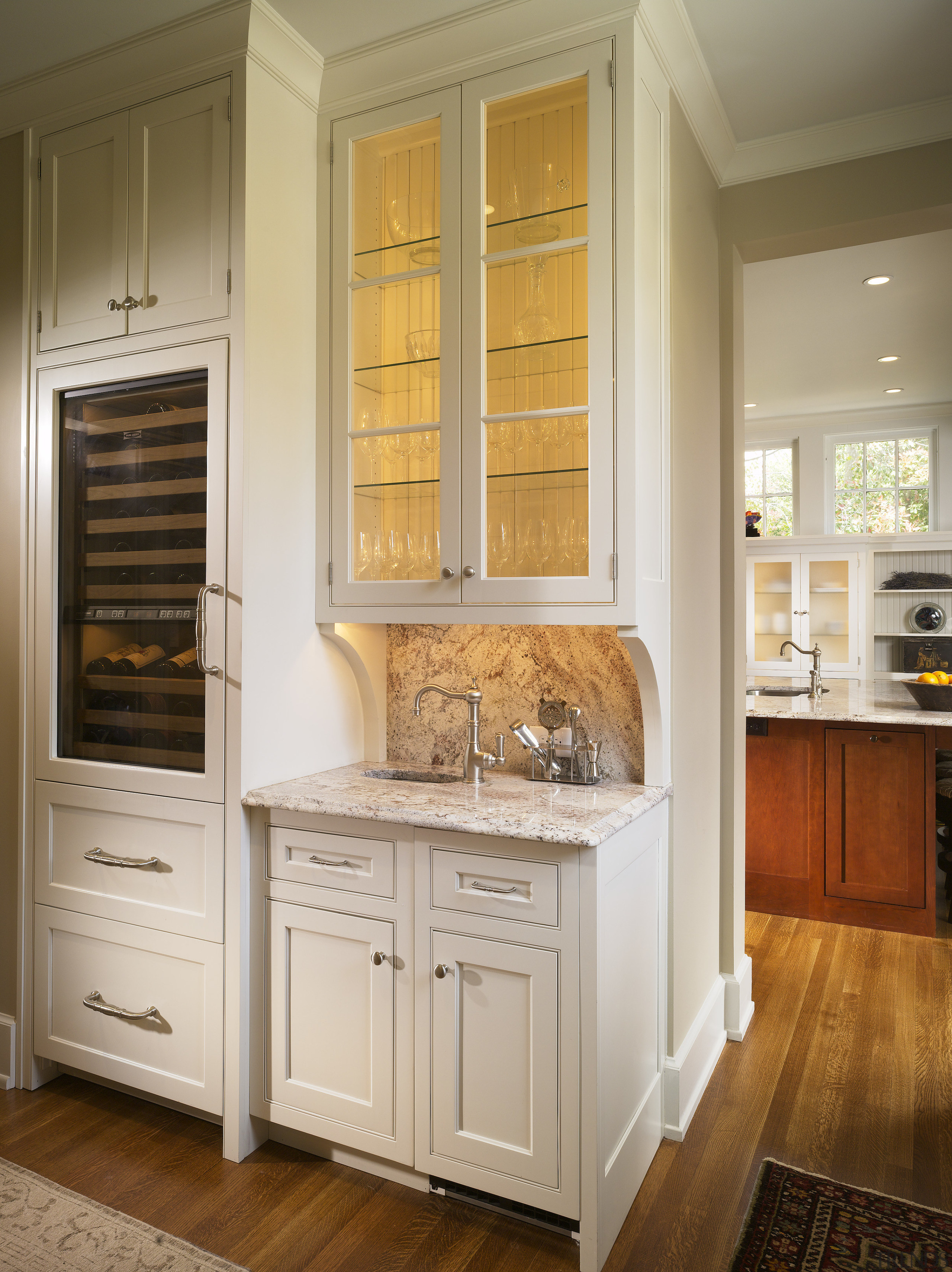 View of butler's pantry. - View of butler&apos;s cabinetry, countertop, cuisine classique, furniture, hardwood, home appliance, interior design, kitchen, room, wood stain, brown, gray