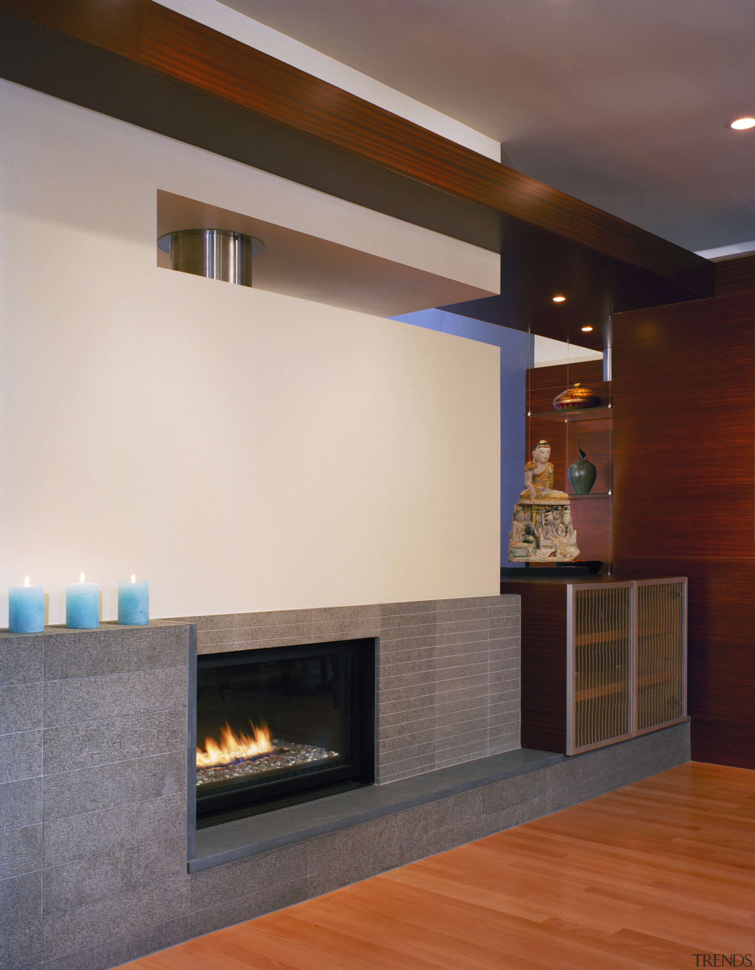 view of fireplace in living room, wooden floor, architecture, ceiling, fireplace, floor, flooring, hardwood, hearth, home, interior design, living room, lobby, wall, gray, red