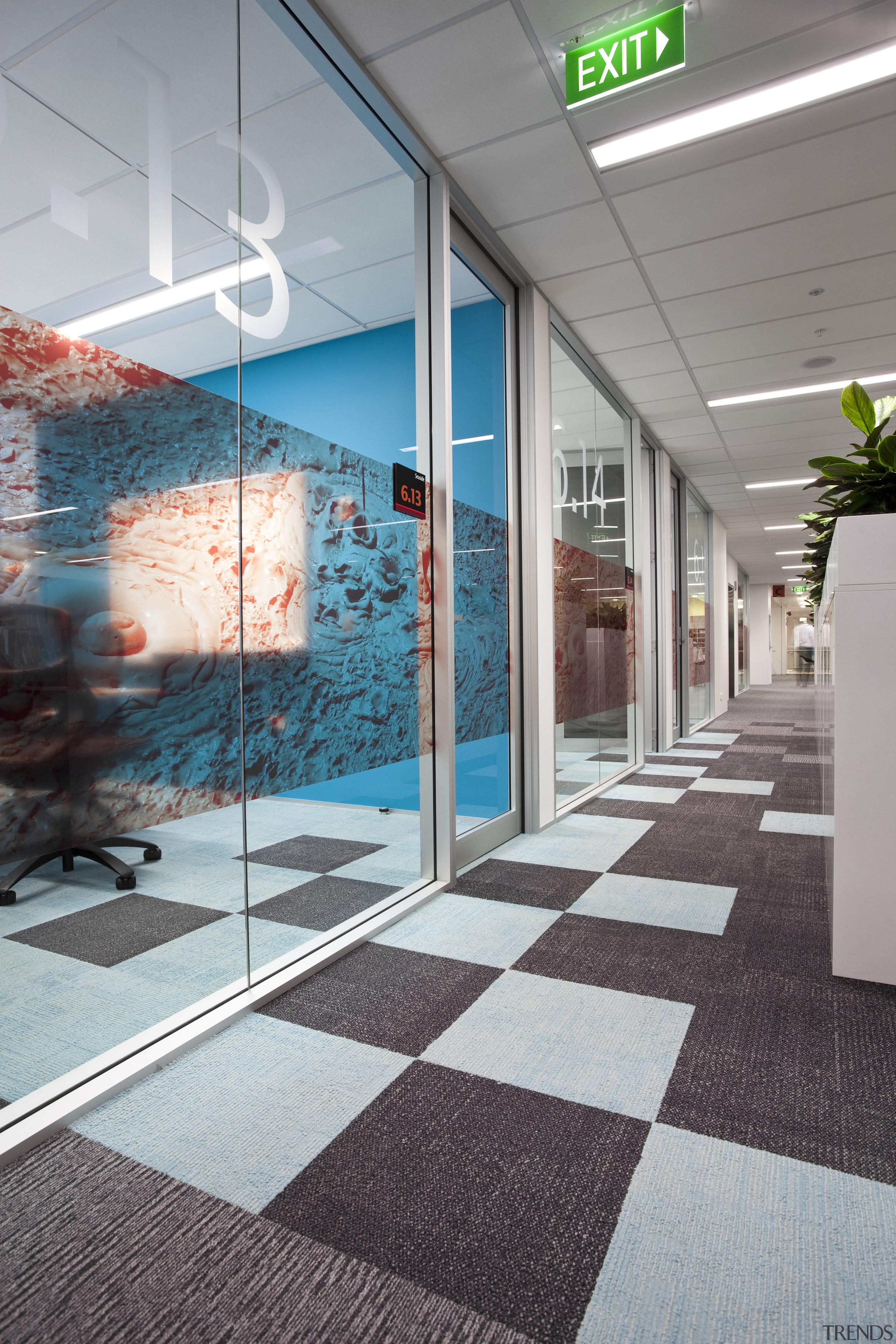 View of contemporary carpet tiles with checkerboard design. architecture, floor, flooring, glass, interior design, lobby, gray