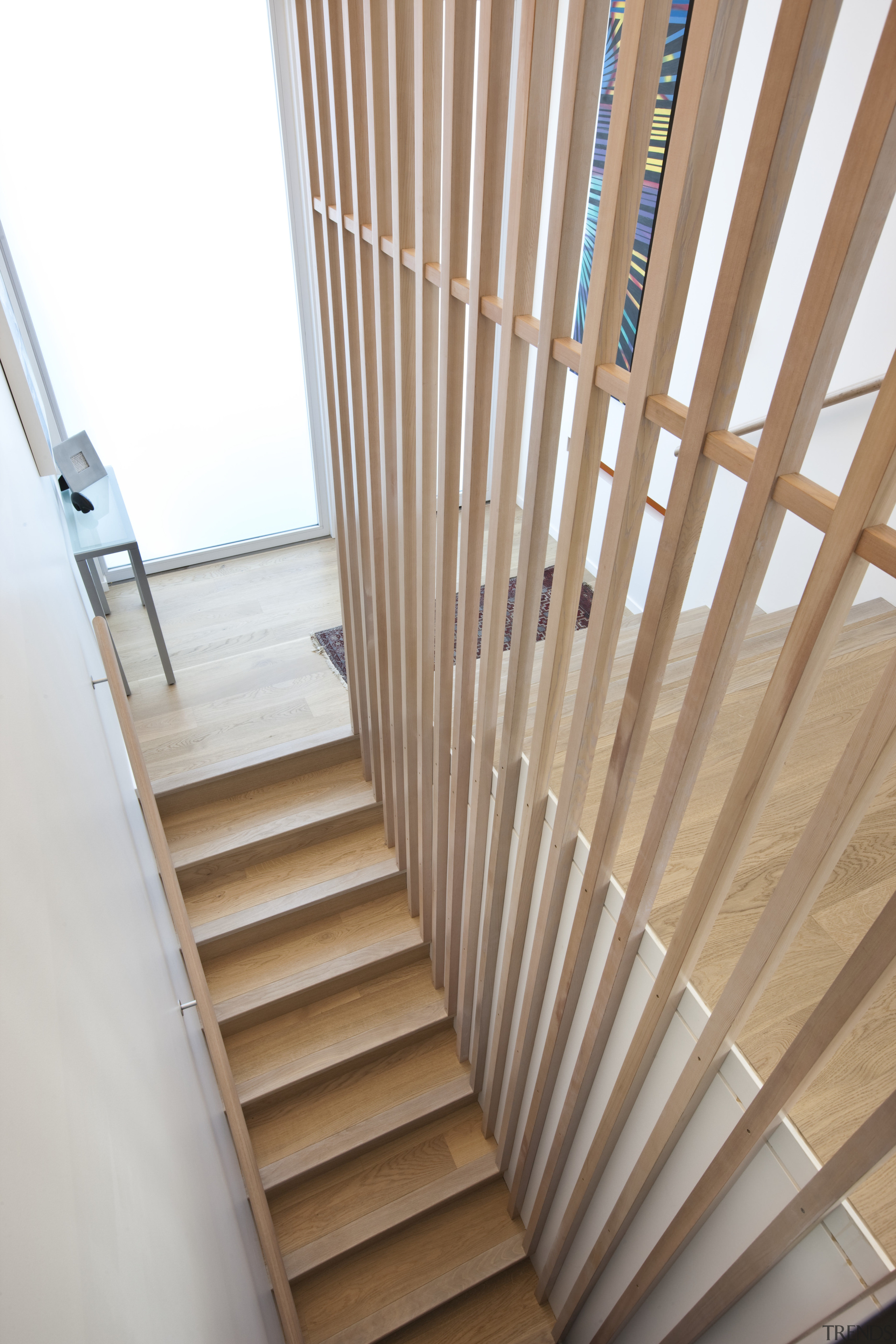 View of the refurbished stairwell. - View of architecture, baluster, daylighting, floor, handrail, house, line, property, stairs, structure, wall, wood, wood stain, white, brown