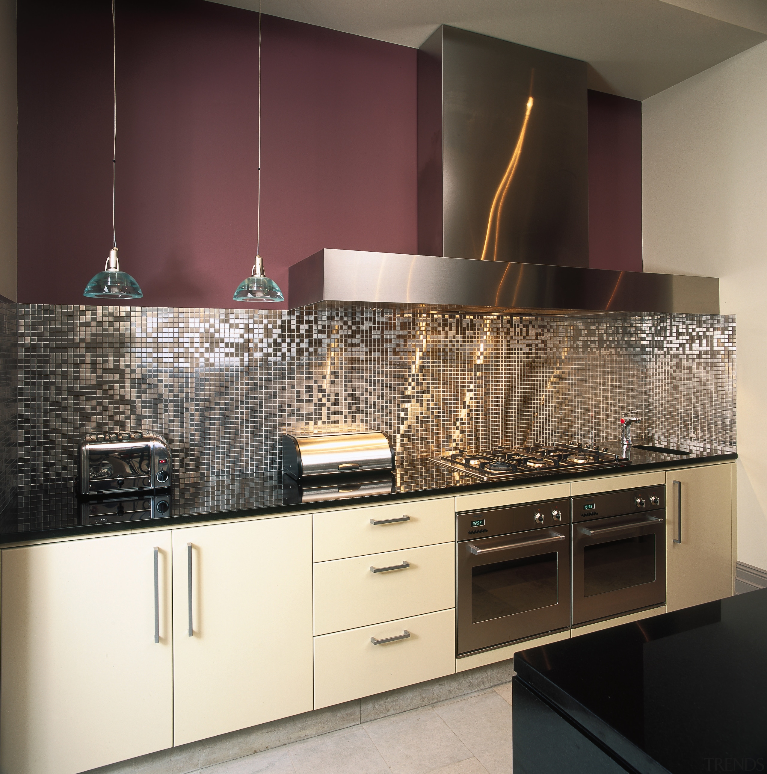 A vie wof some alloy kitchen tiles by cabinetry, countertop, flooring, interior design, kitchen, light fixture, room, tile, under cabinet lighting, wall, black, white