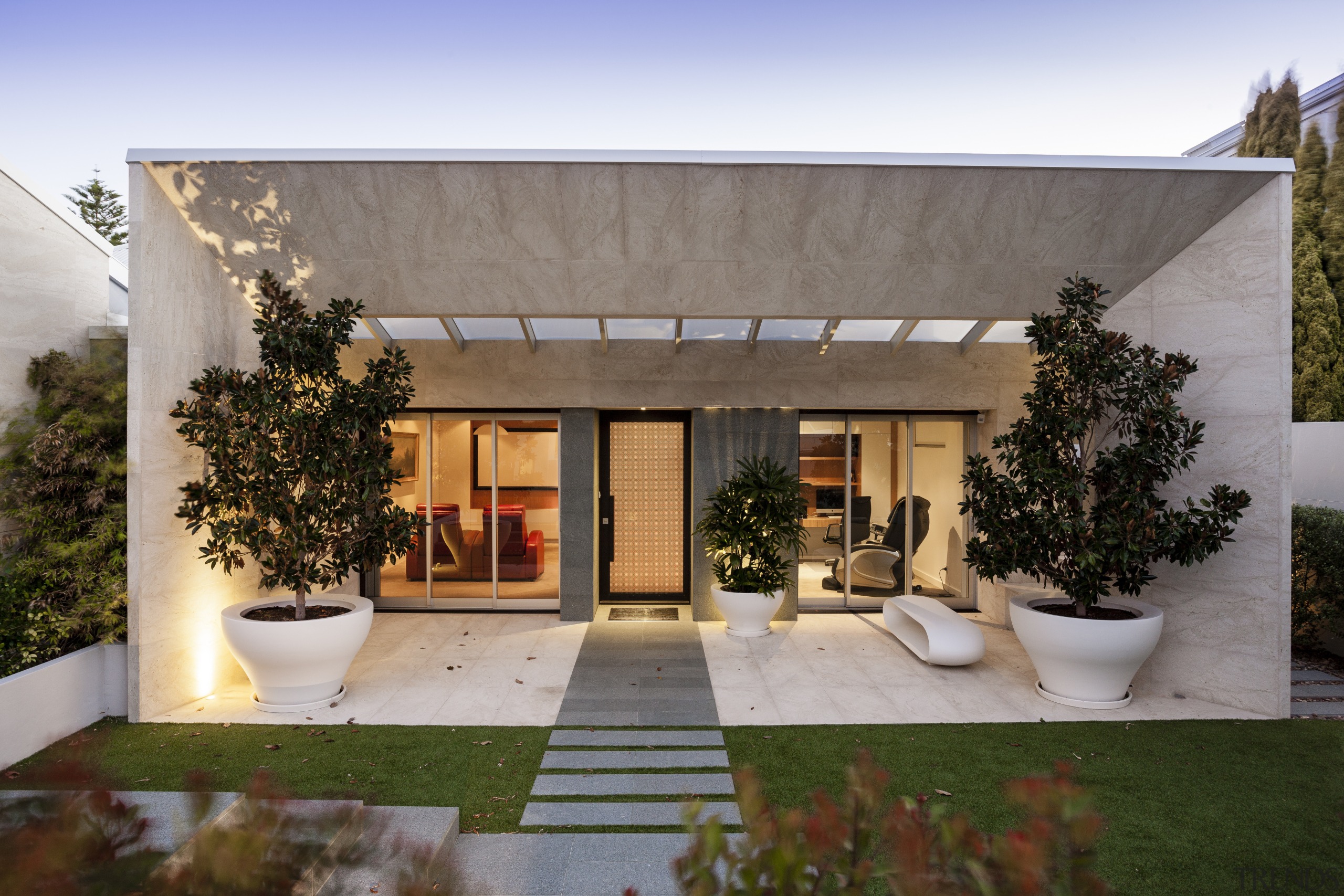 A new sandstone-clad form frames the entry to architecture, backyard, estate, facade, home, house, outdoor structure, property, real estate, residential area, roof, gray, brown