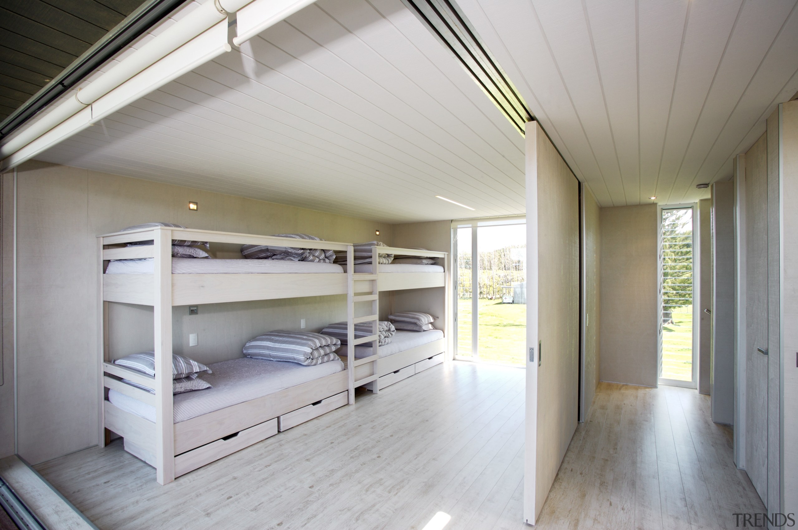 View of the bunkroom with 2 sets of architecture, ceiling, daylighting, floor, house, loft, real estate, gray