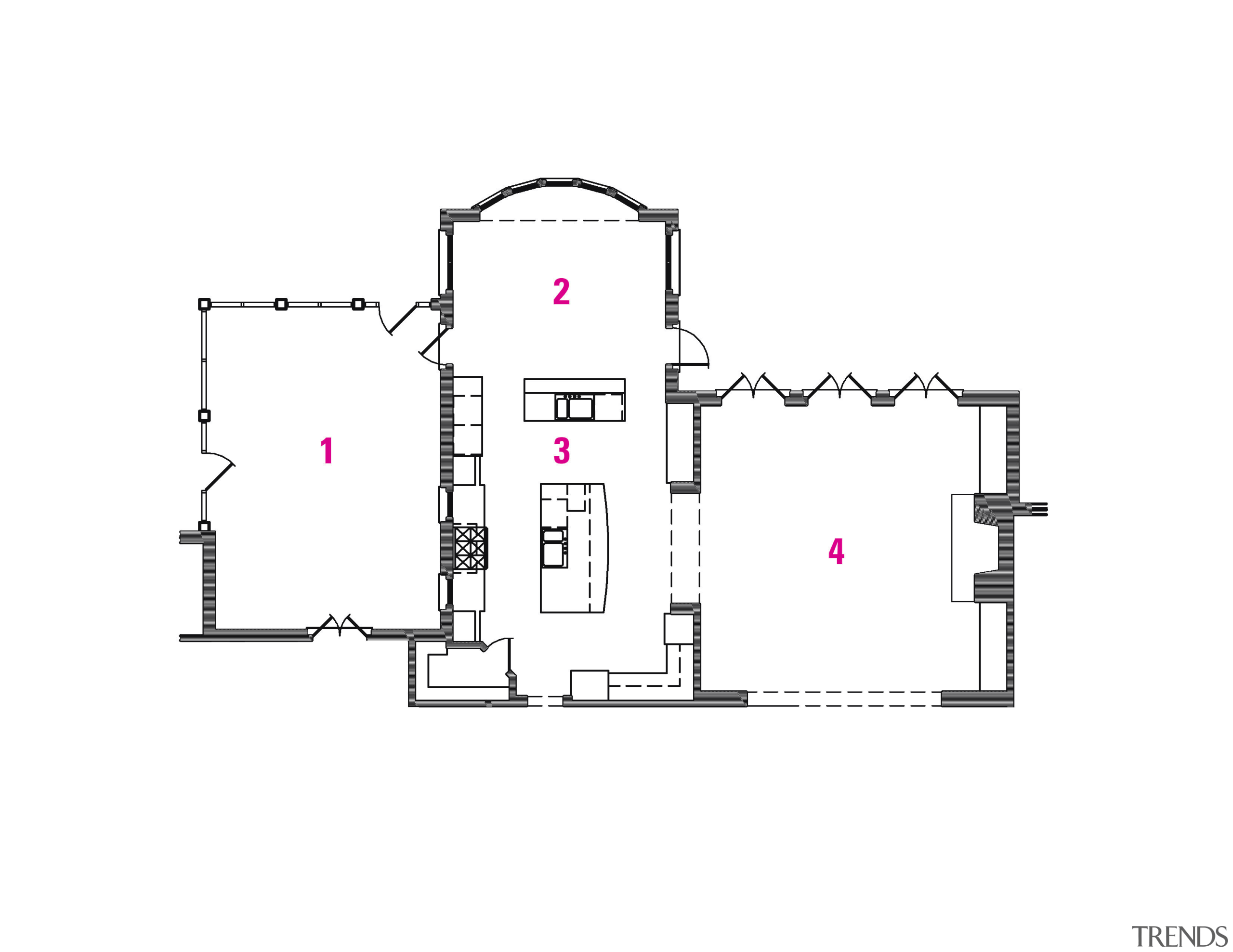 Kitchen plan showing porch, breakfast room, kitchen, family angle, area, design, diagram, drawing, floor plan, font, line, product, product design, structure, text, white