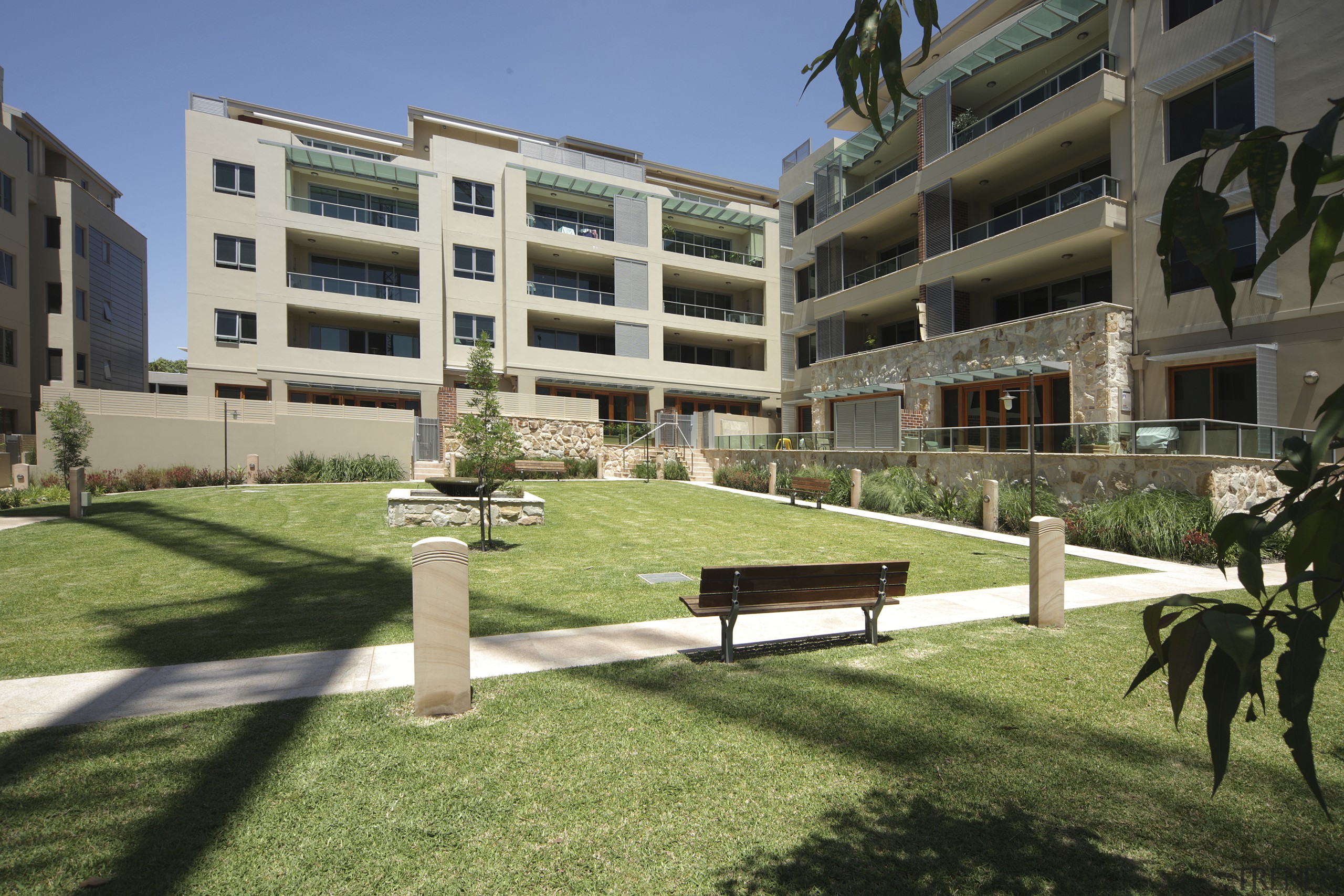 View of the new Linfield Apartments- a modern apartment, building, campus, condominium, corporate headquarters, courtyard, estate, grass, mixed use, neighbourhood, property, real estate, residential area, urban design, brown