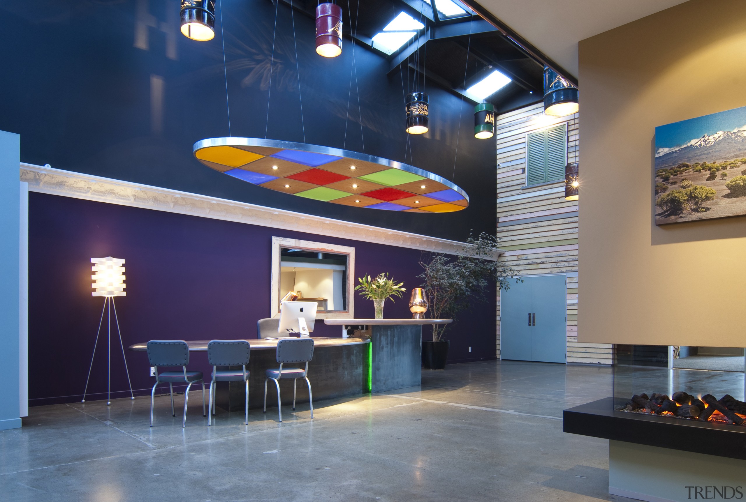 Bold Resene colours in Wellington Fireplace showroom ceiling, interior design, lobby, blue