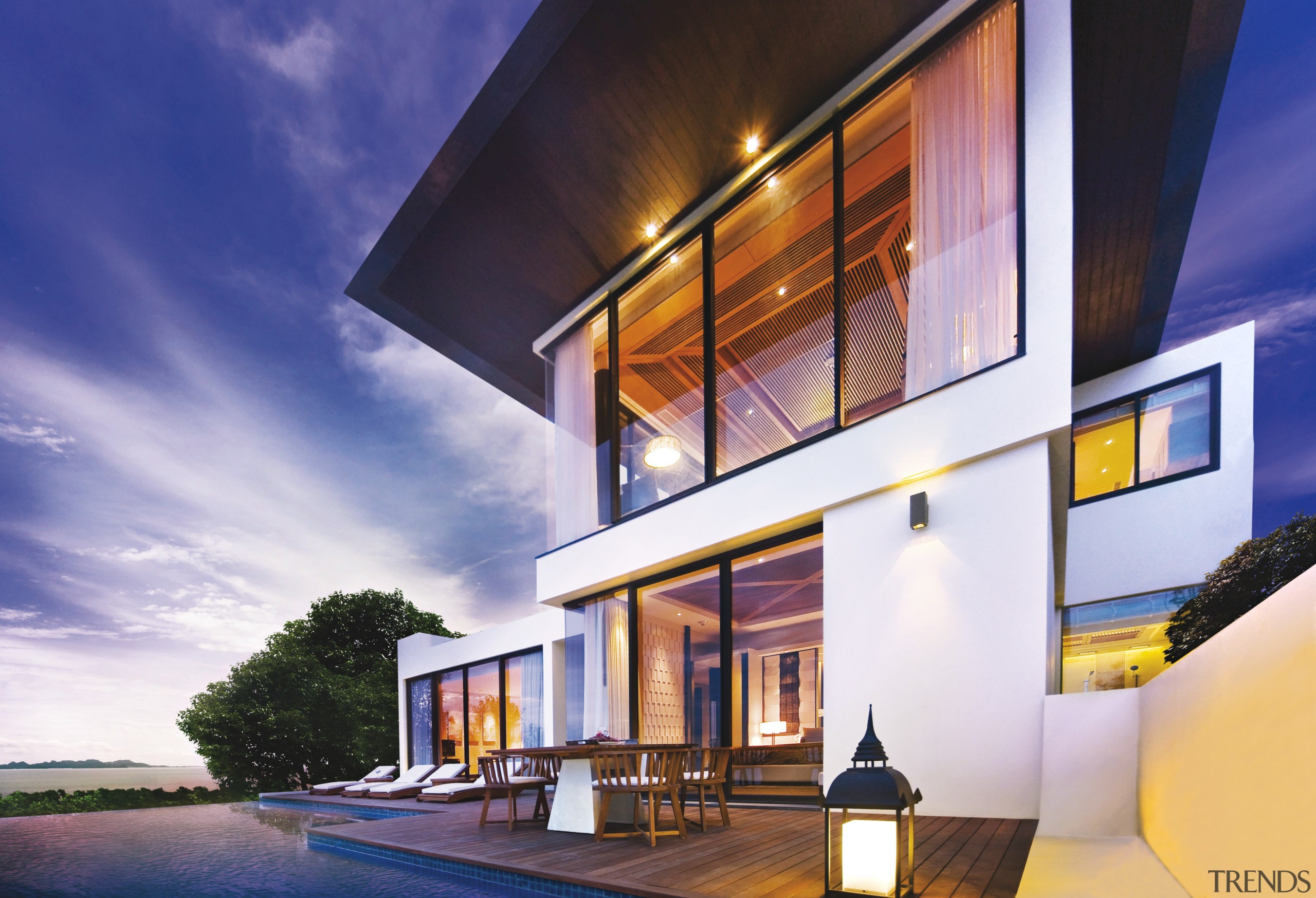 View of contemporary resort with European/Thai-style furniture, sliding architecture, building, condominium, estate, facade, home, house, interior design, property, real estate, sky, villa, window, white, blue