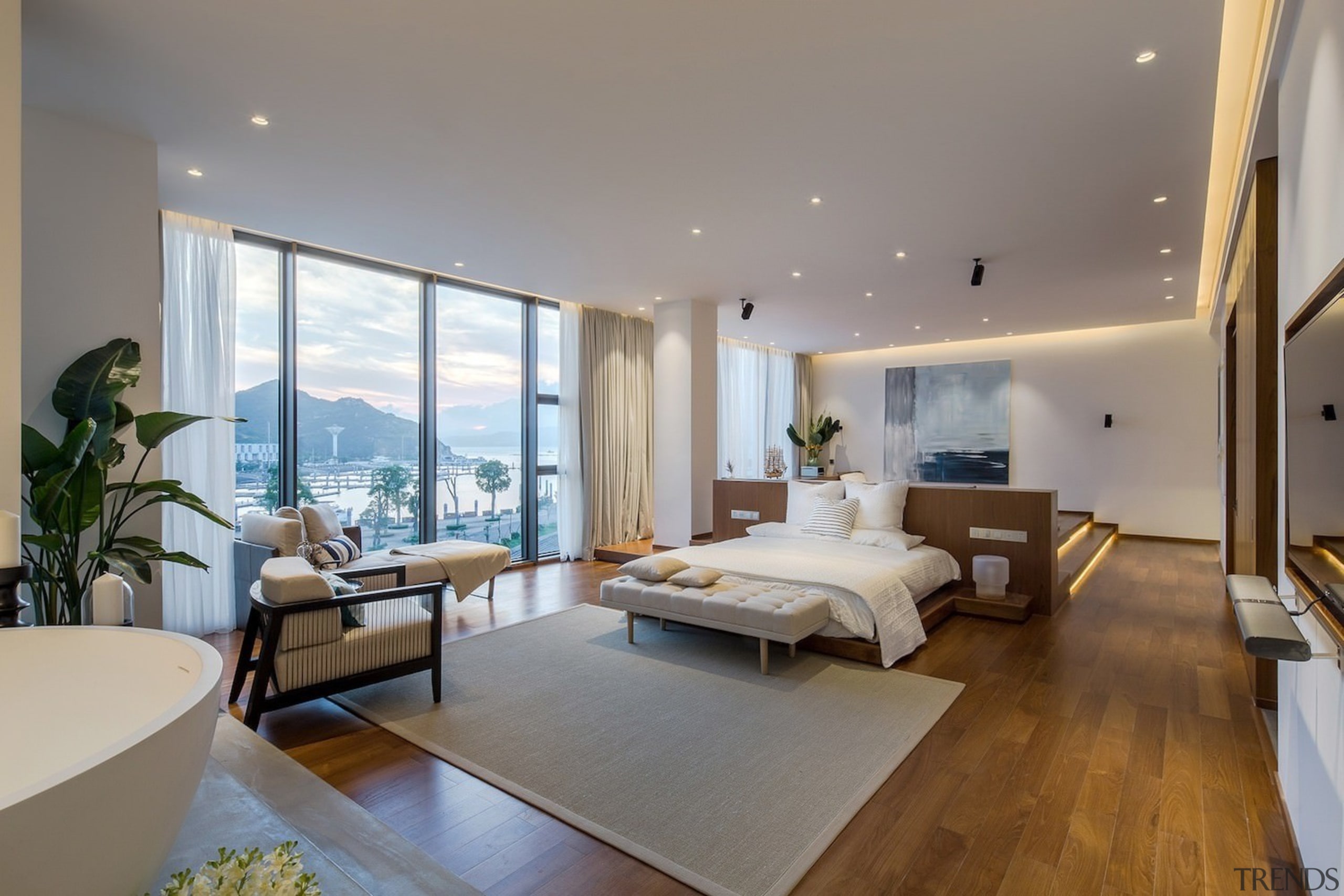 Looking down into the bedroom from the raised apartment, architecture, ceiling, condominium, estate, floor, interior design, living room, penthouse apartment, property, real estate, room, window, gray