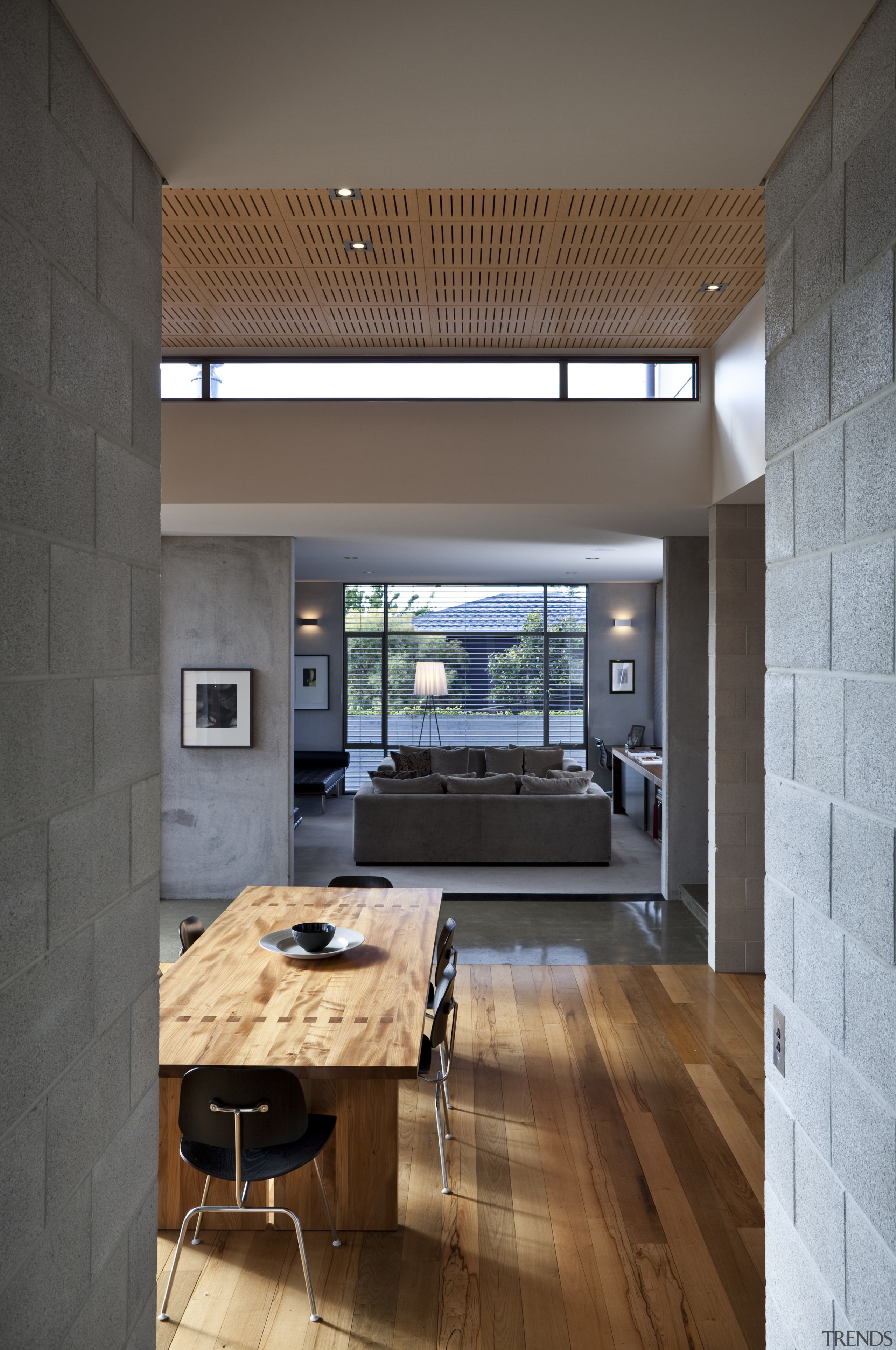 View of dining area which features timber floors, architecture, ceiling, daylighting, floor, flooring, house, interior design, living room, wood flooring, gray, brown