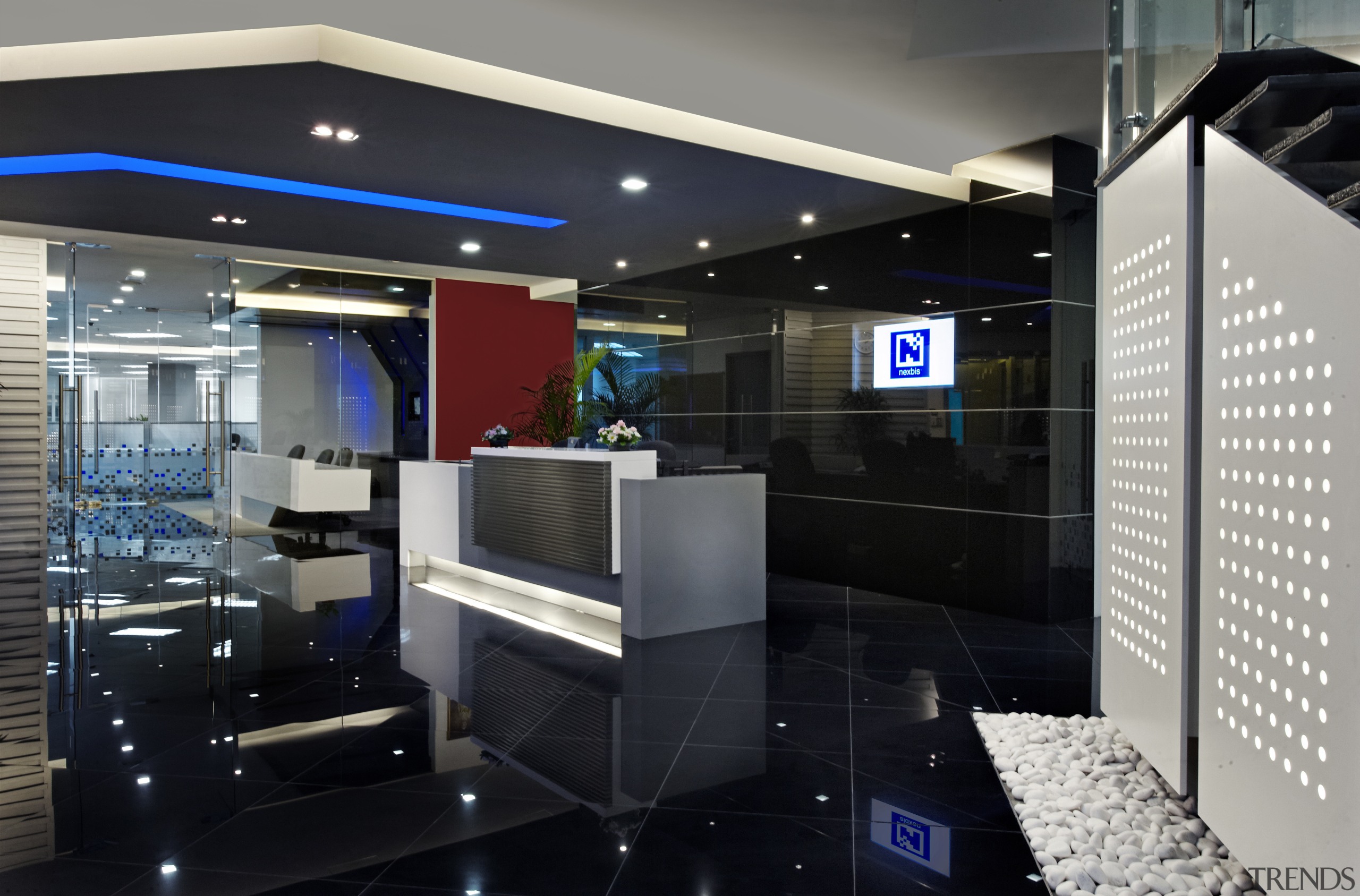 View of the security specialists Nexbis offices, reception interior design, black, gray