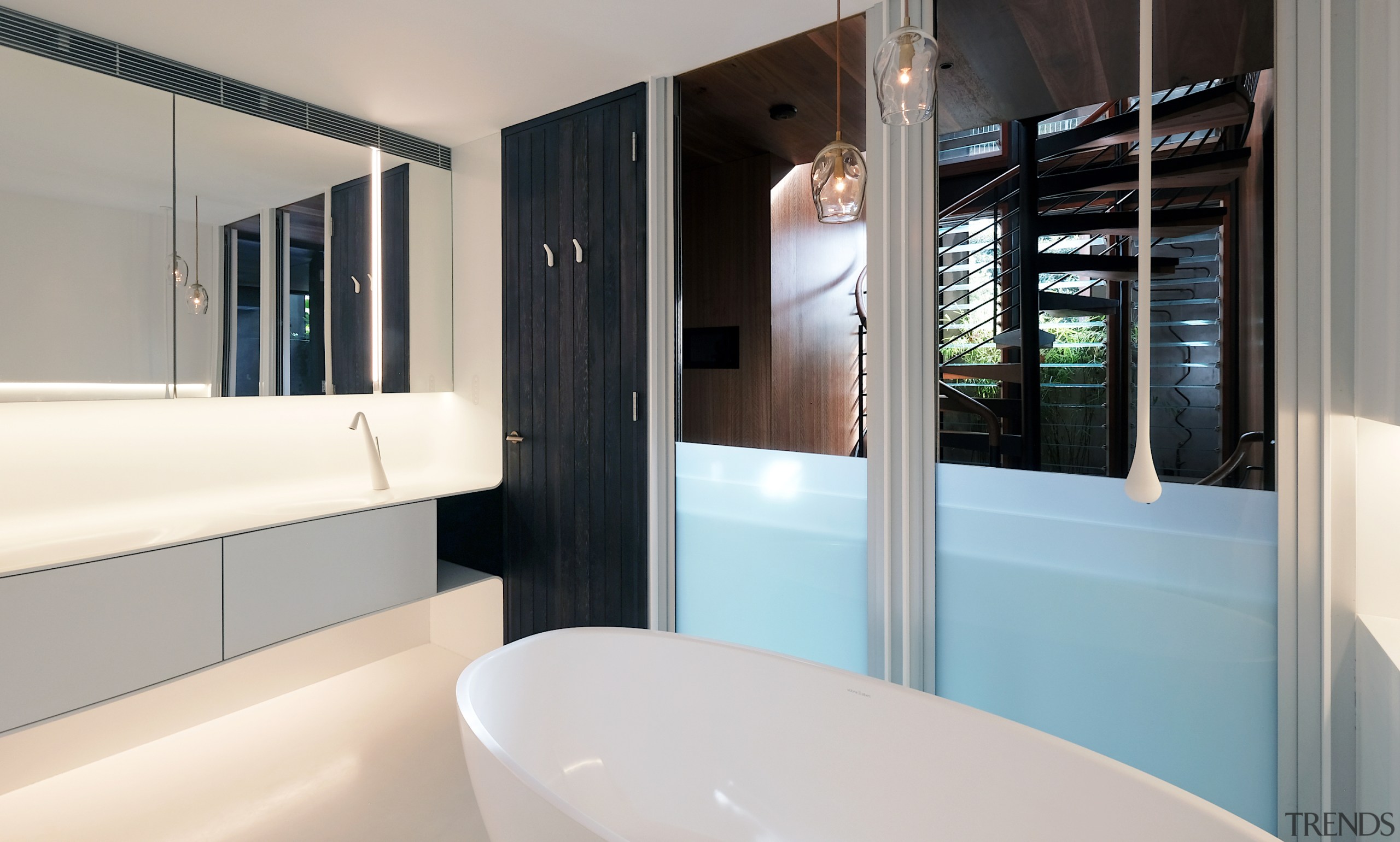 When this bathroom's frameless sash windows are open, architecture, bathroom, bathtub, building, floor, furniture, home, house, interior design, plumbing fixture, property, real estate, room, sink, tap, gray