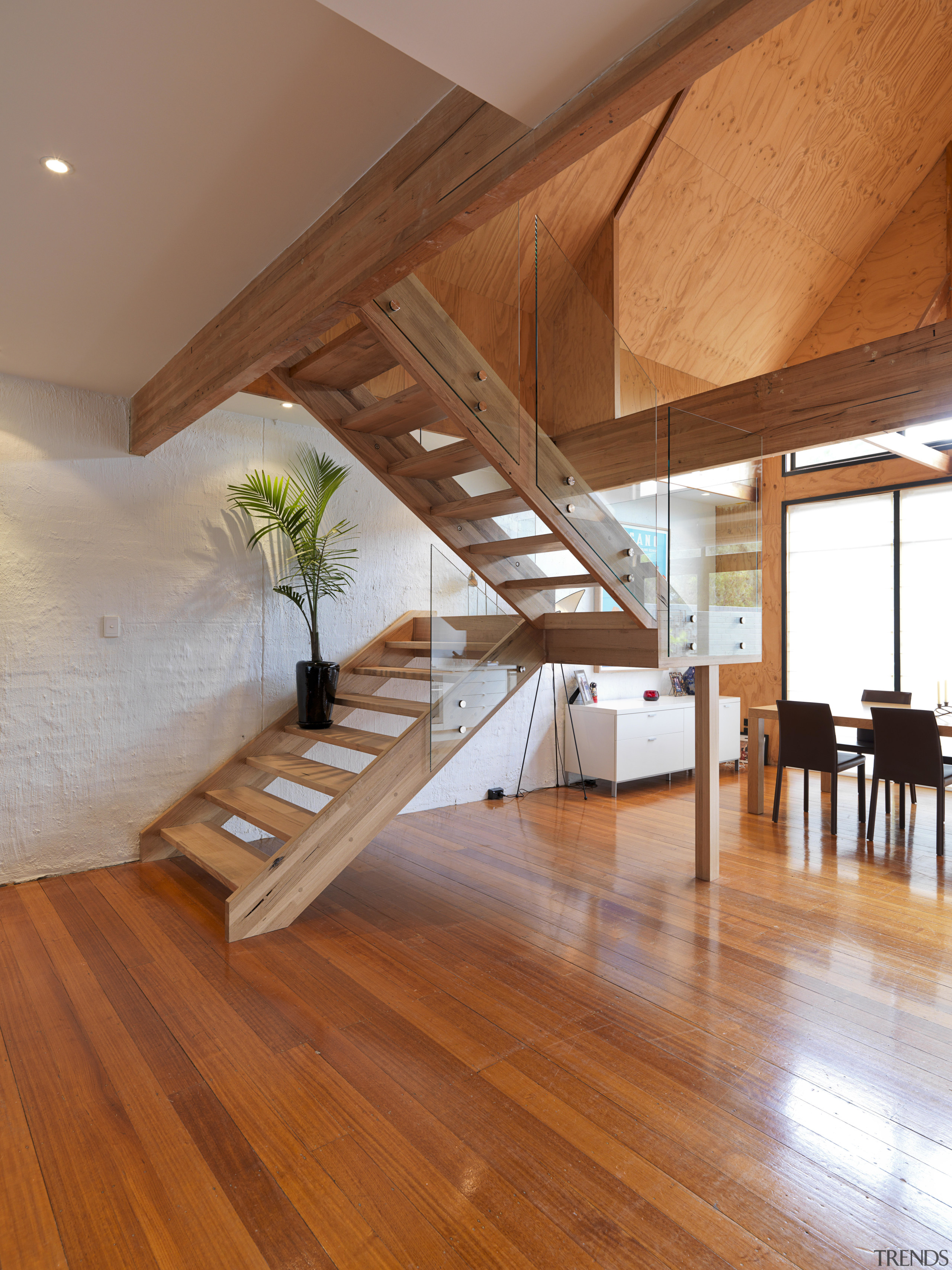 View of bathroom suite with angled openings - architecture, ceiling, daylighting, floor, flooring, hardwood, home, house, interior design, laminate flooring, living room, loft, real estate, stairs, wood, wood flooring, brown