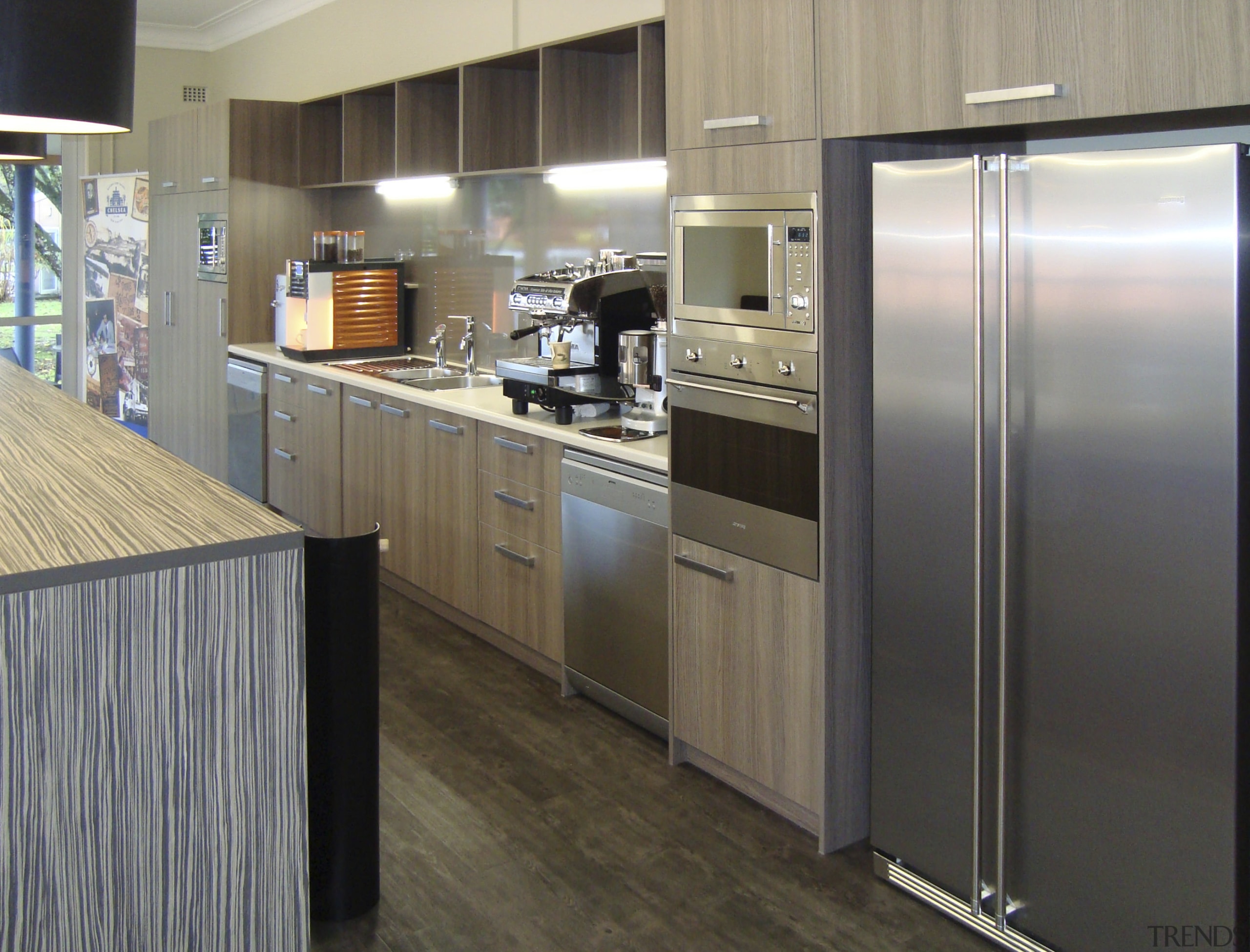 View of office kitchen with Smeg appliances. - cabinetry, countertop, flooring, home appliance, kitchen, major appliance, refrigerator, gray