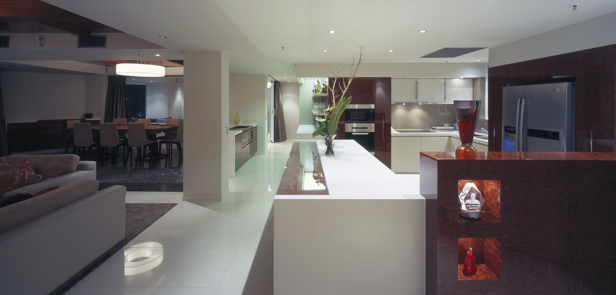 A view of the kitchen, dining and living house, interior design, property, real estate, room, gray, black