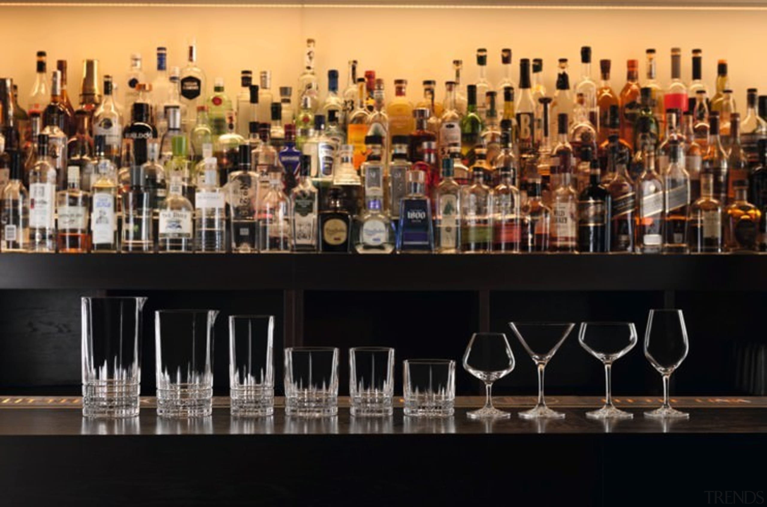 Quality glassware and crystal from The Studio of alcohol, alcoholic beverage, bar, barware, bottle, distilled beverage, drink, glass bottle, liqueur, liquor store, wine, black