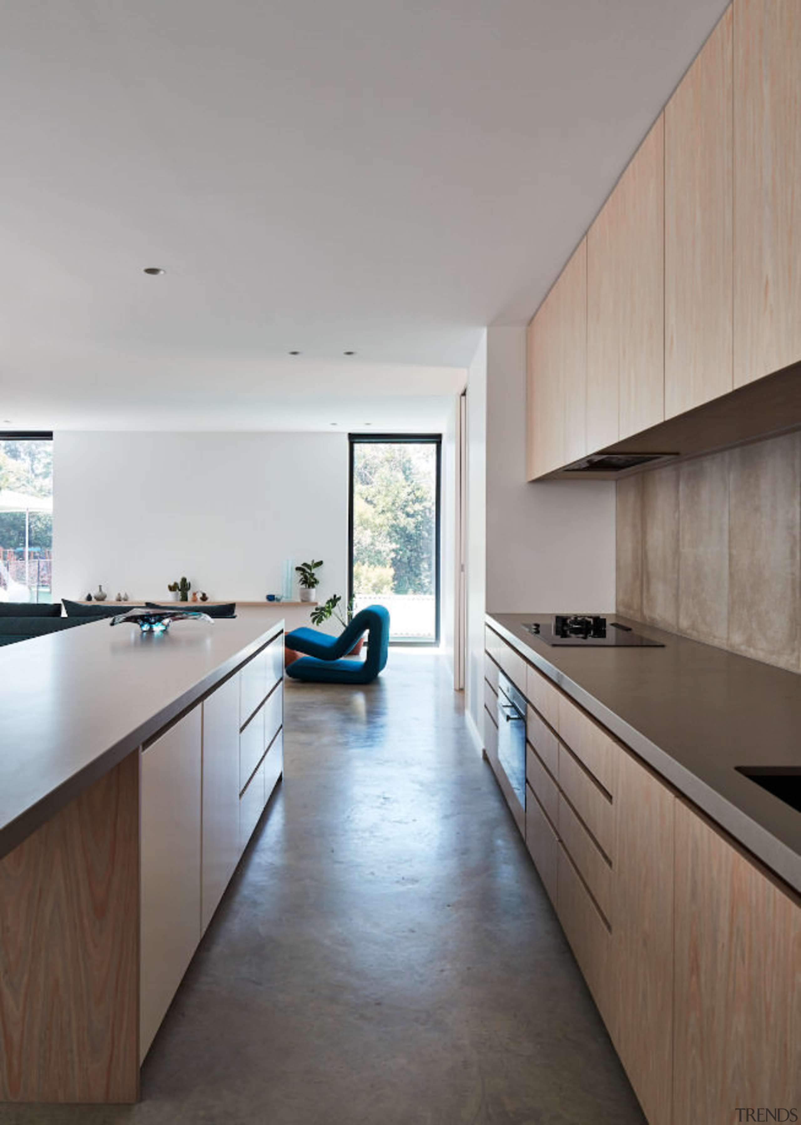 Option for a handless design in the kitchen architecture, cabinetry, countertop, cuisine classique, daylighting, floor, flooring, hardwood, house, interior design, kitchen, real estate, room, wood, wood flooring, gray