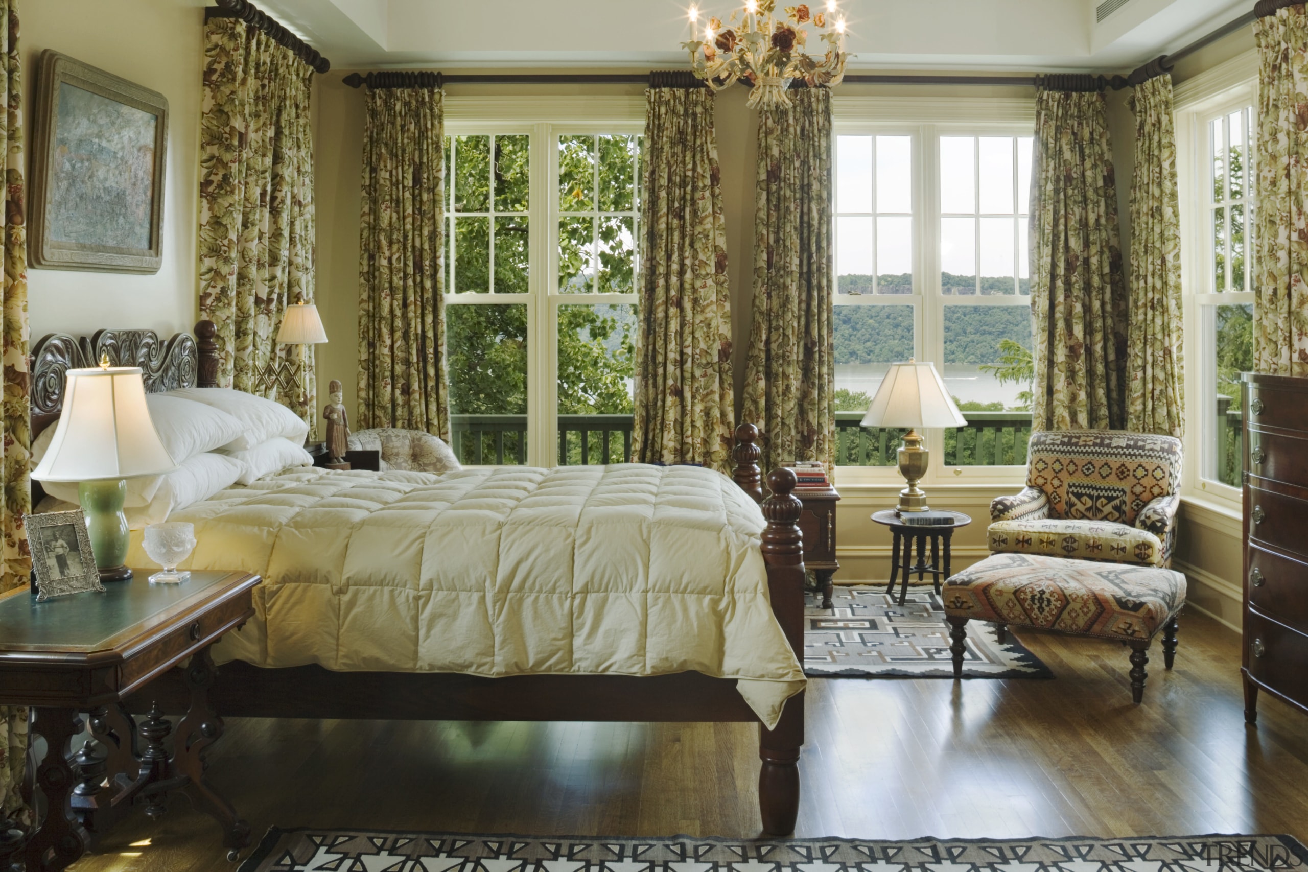 A view of the master bedroom, wooden flooring bedroom, ceiling, curtain, furniture, home, interior design, living room, room, suite, textile, wall, window, window covering, window treatment, brown