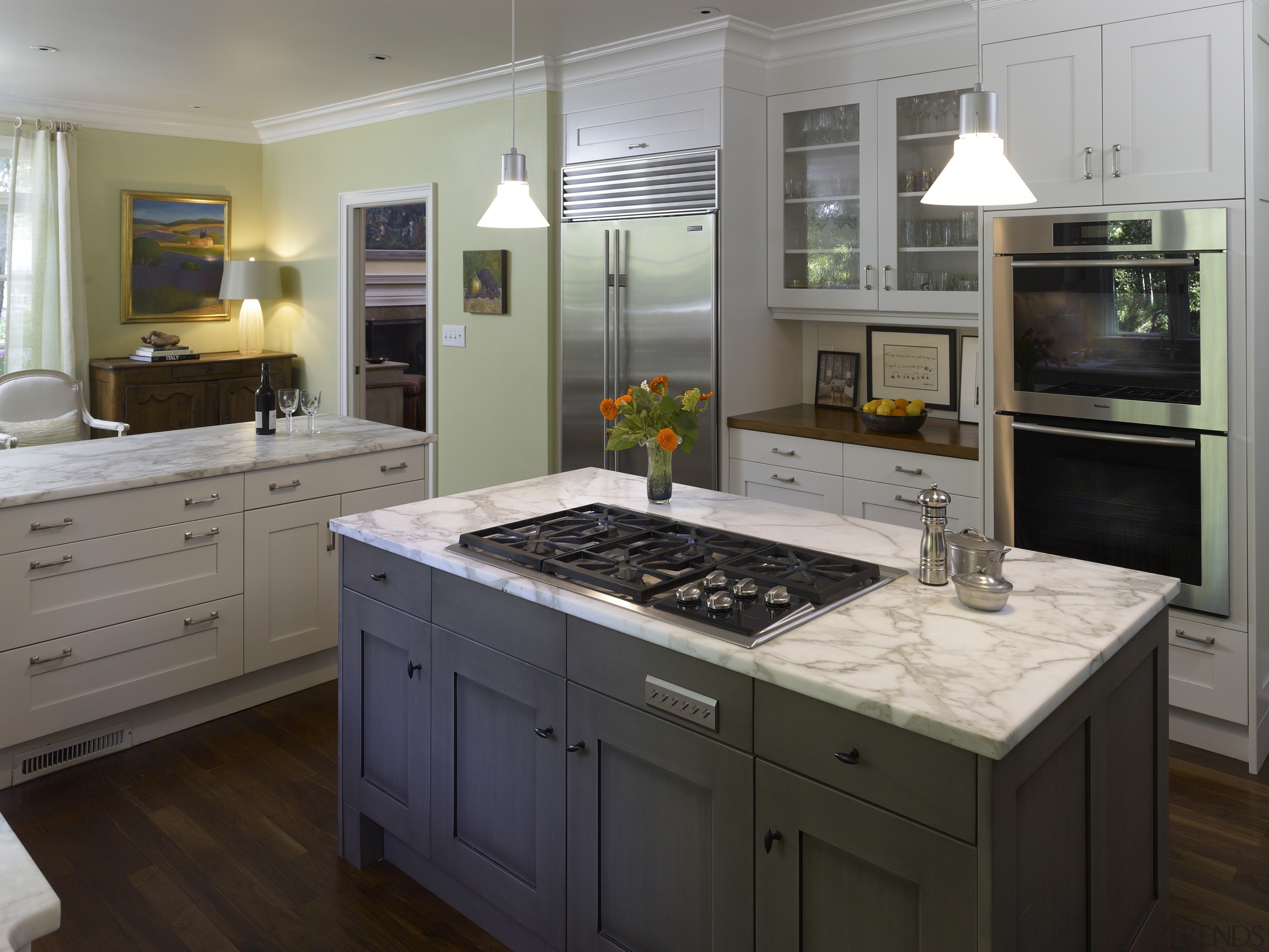 View of the traditional kitchen featuring bold cabinetry cabinetry, countertop, cuisine classique, kitchen, room, gray, black