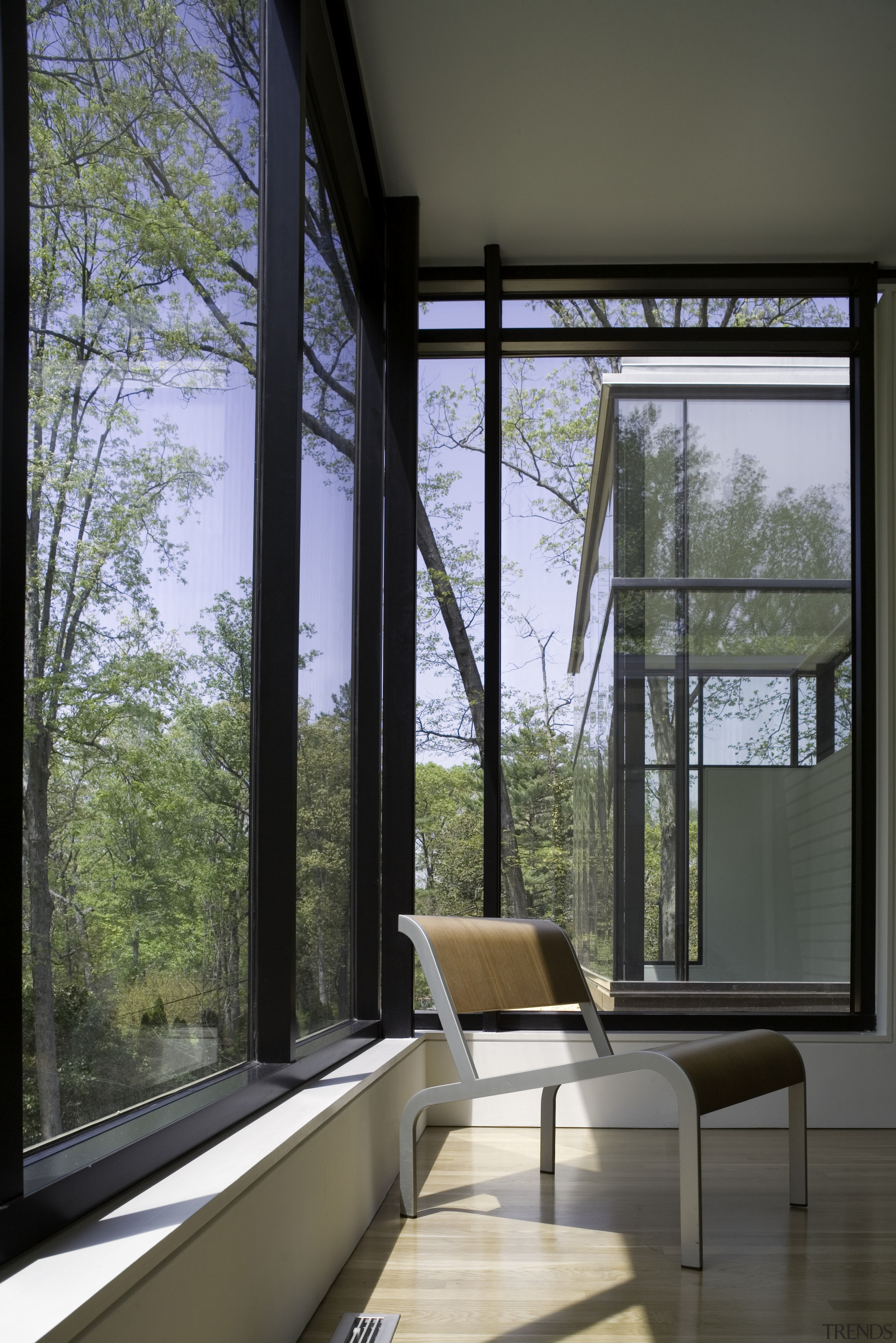White walls and dark furniture and floors provide architecture, daylighting, glass, home, house, interior design, window, black, gray