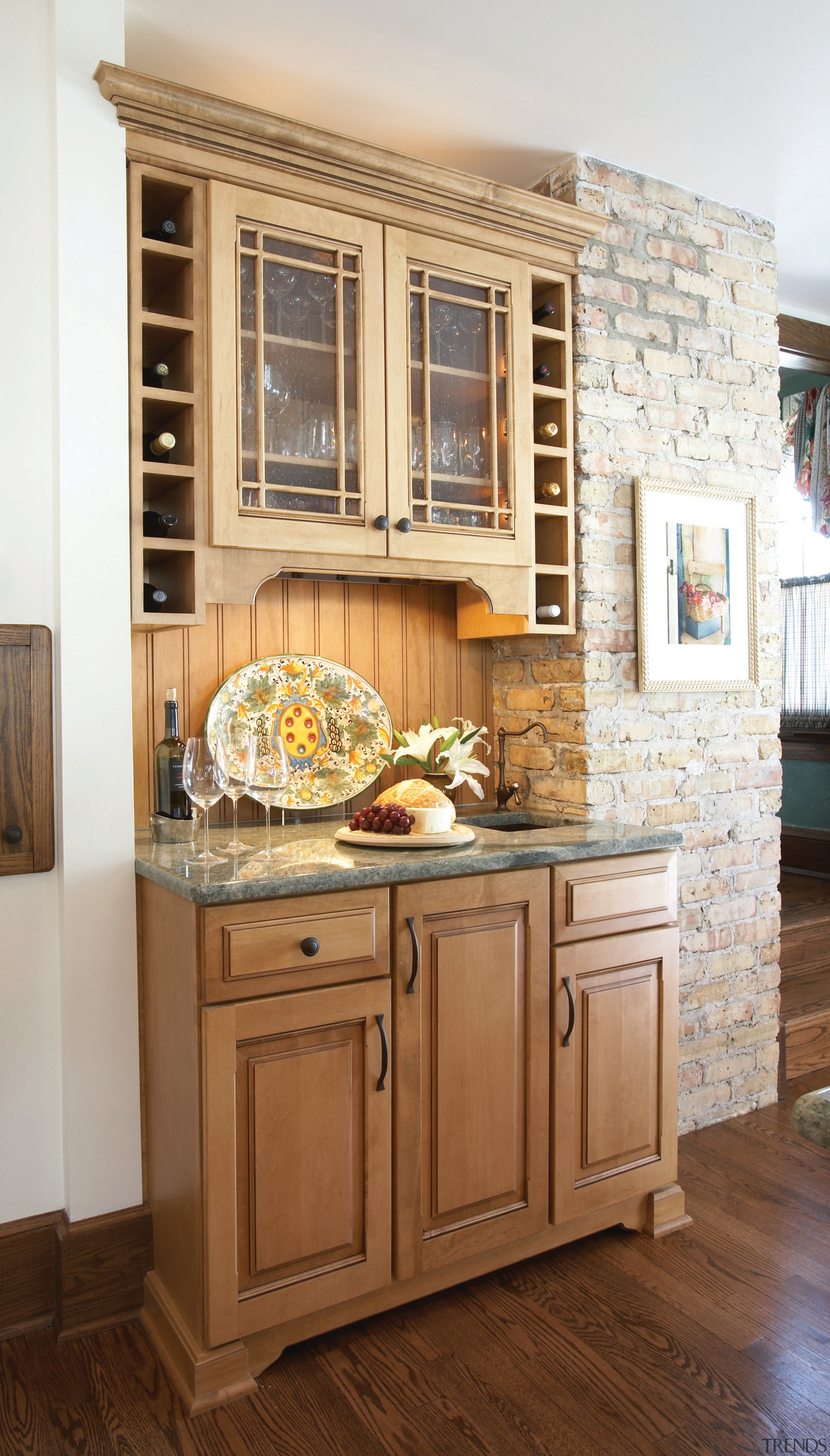 Built in bar with cabintery facing the kitchen cabinetry, countertop, cuisine classique, flooring, furniture, home, interior design, kitchen, room, wood stain, brown, white