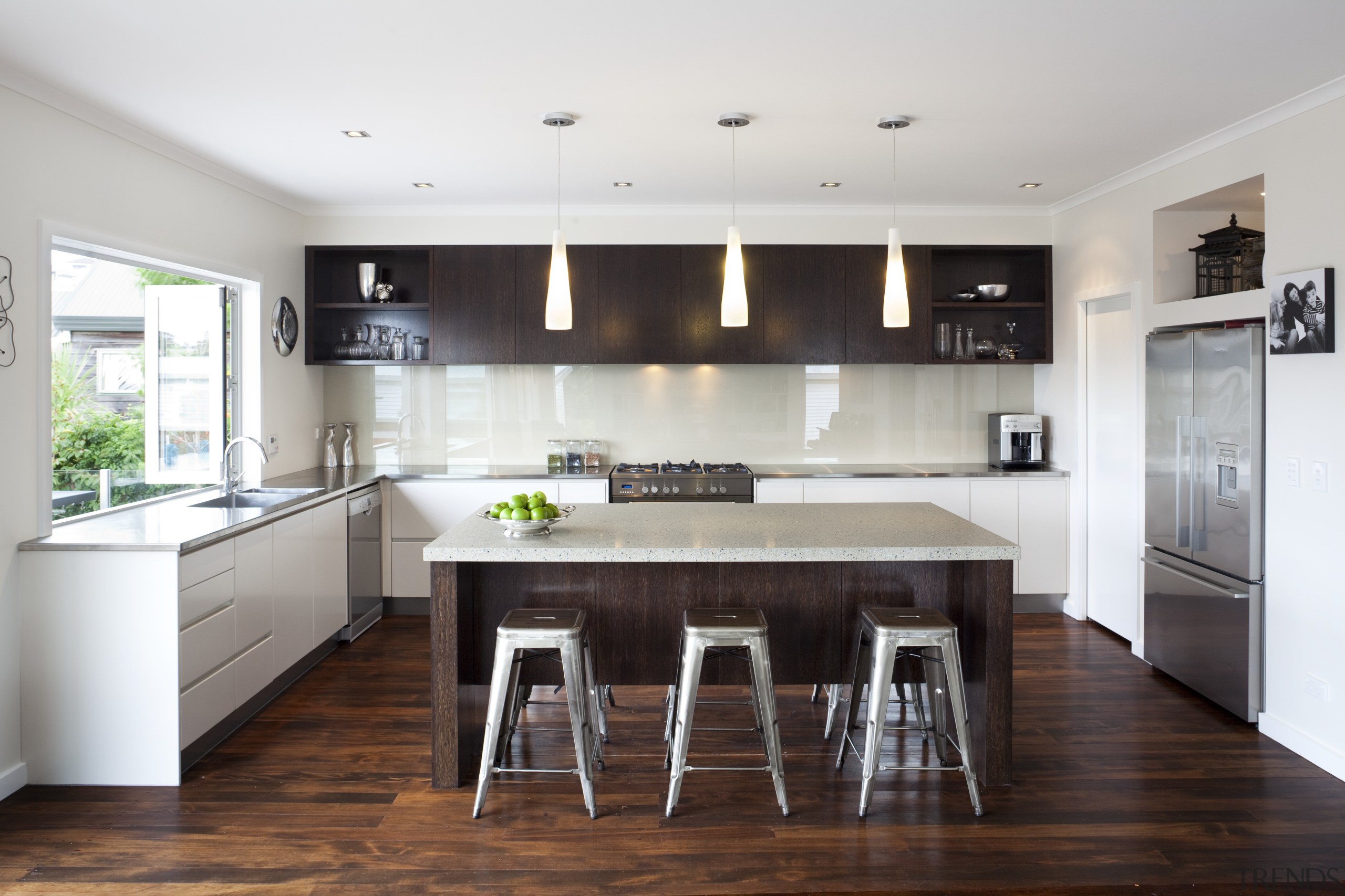 Kitchen with wooden flooring, white benches and cupboards cabinetry, countertop, cuisine classique, floor, interior design, kitchen, real estate, room, wood flooring, white