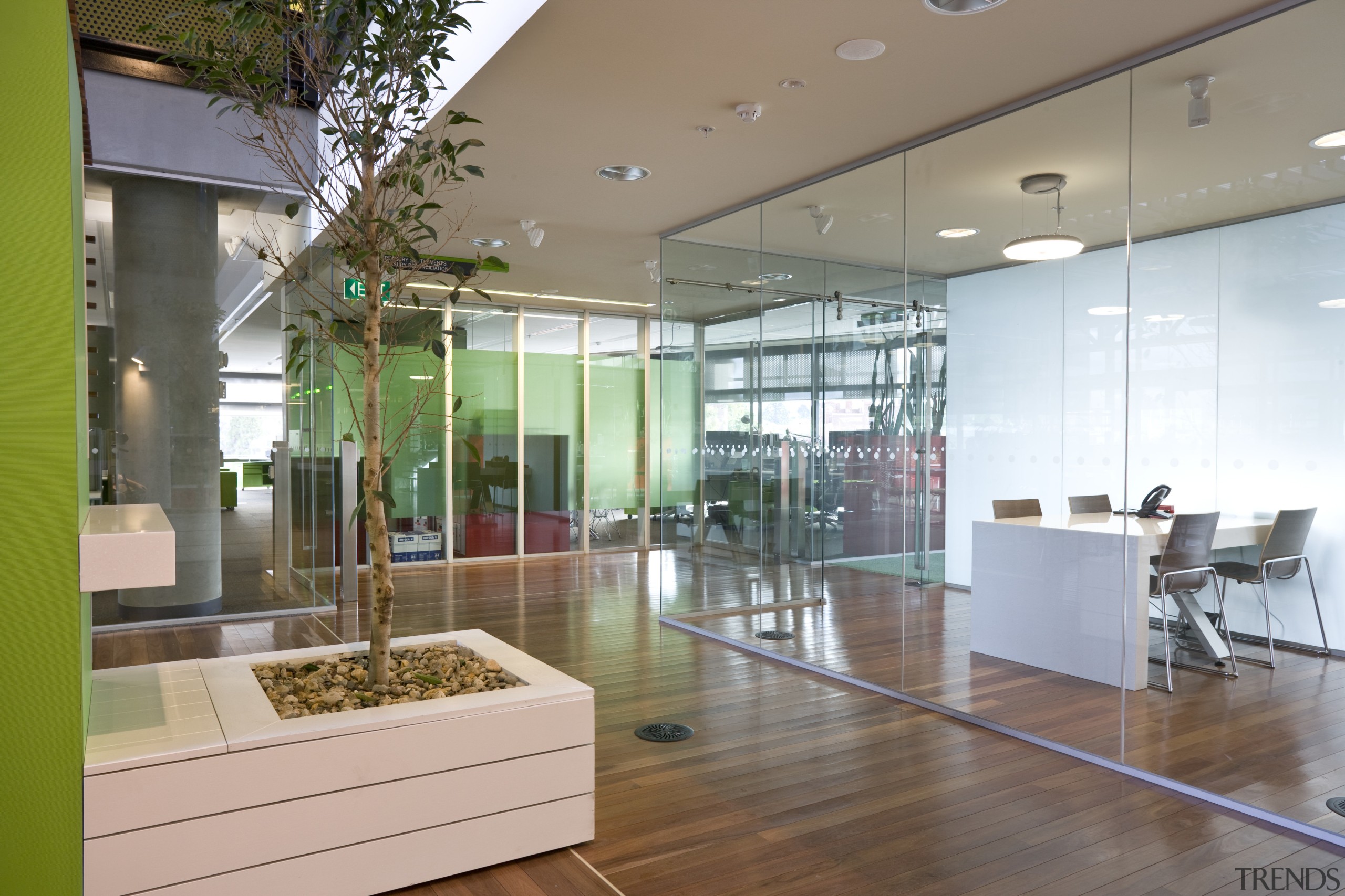 Interior view of the office areas inside the architecture, glass, interior design, lobby, real estate, gray, brown