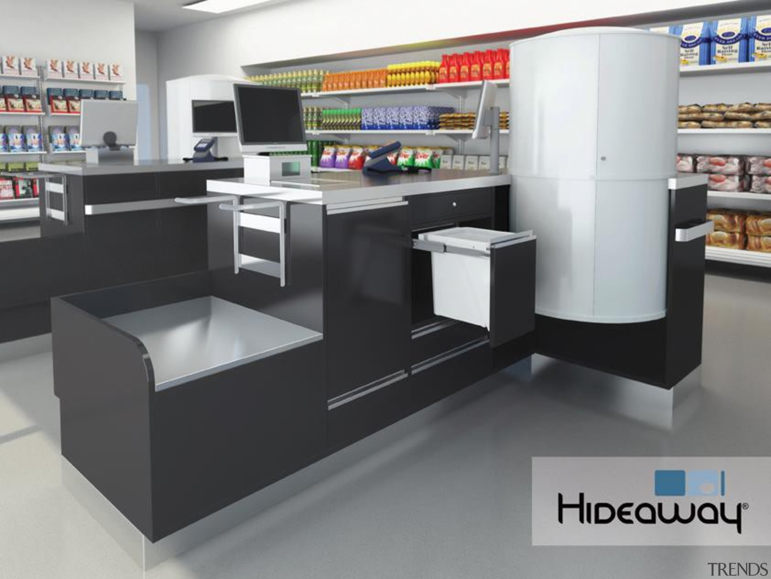 A 15L Hideaway Bin at a checkout makes display case, product, product design, retail, gray, black