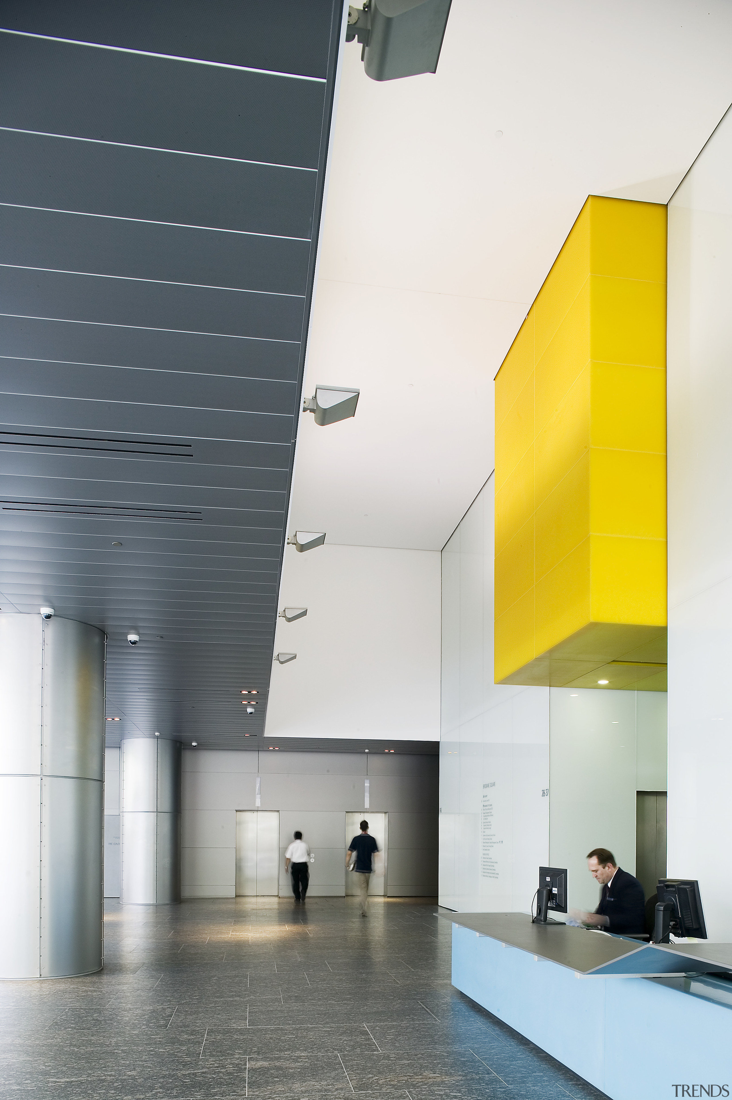 View of the foyer of the brisbane square architecture, ceiling, daylighting, glass, house, interior design, product design, white, gray