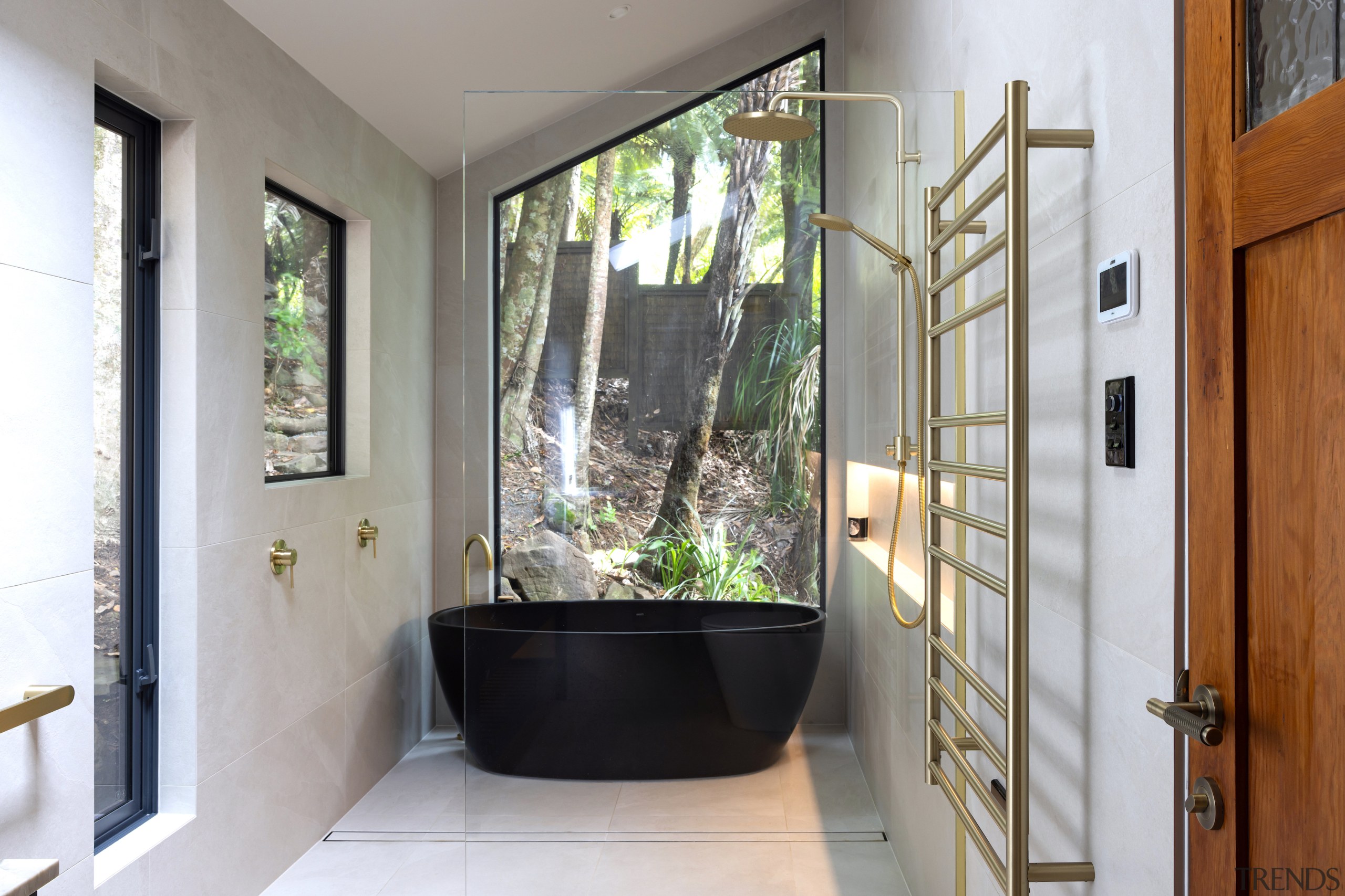 A floor-to-ceiling window at the rear of the 