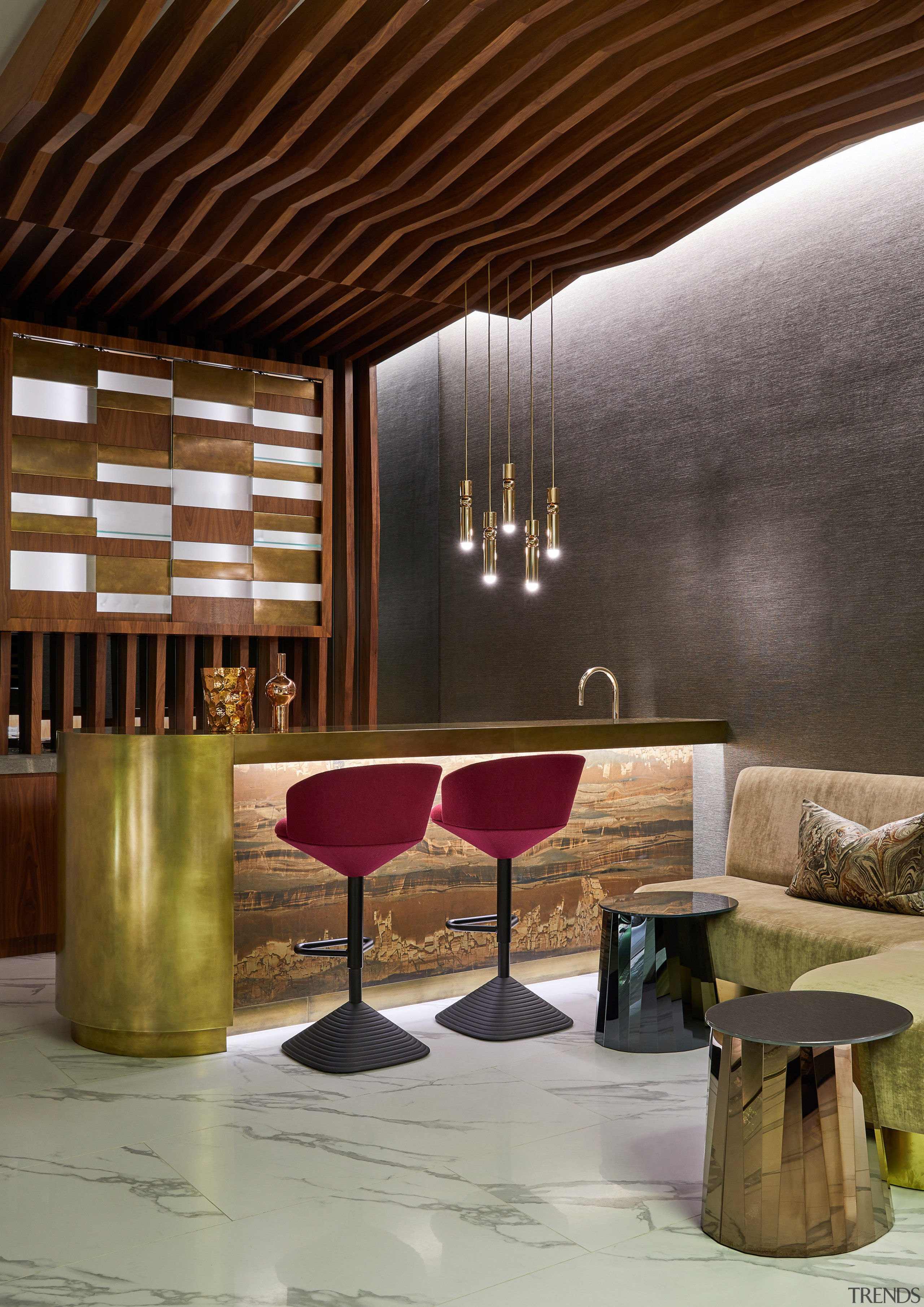 Even the ceilings are a source of amazement architecture, building, ceiling, coffee table, furniture, interior design, lobby, material property, room, table, brown, gray