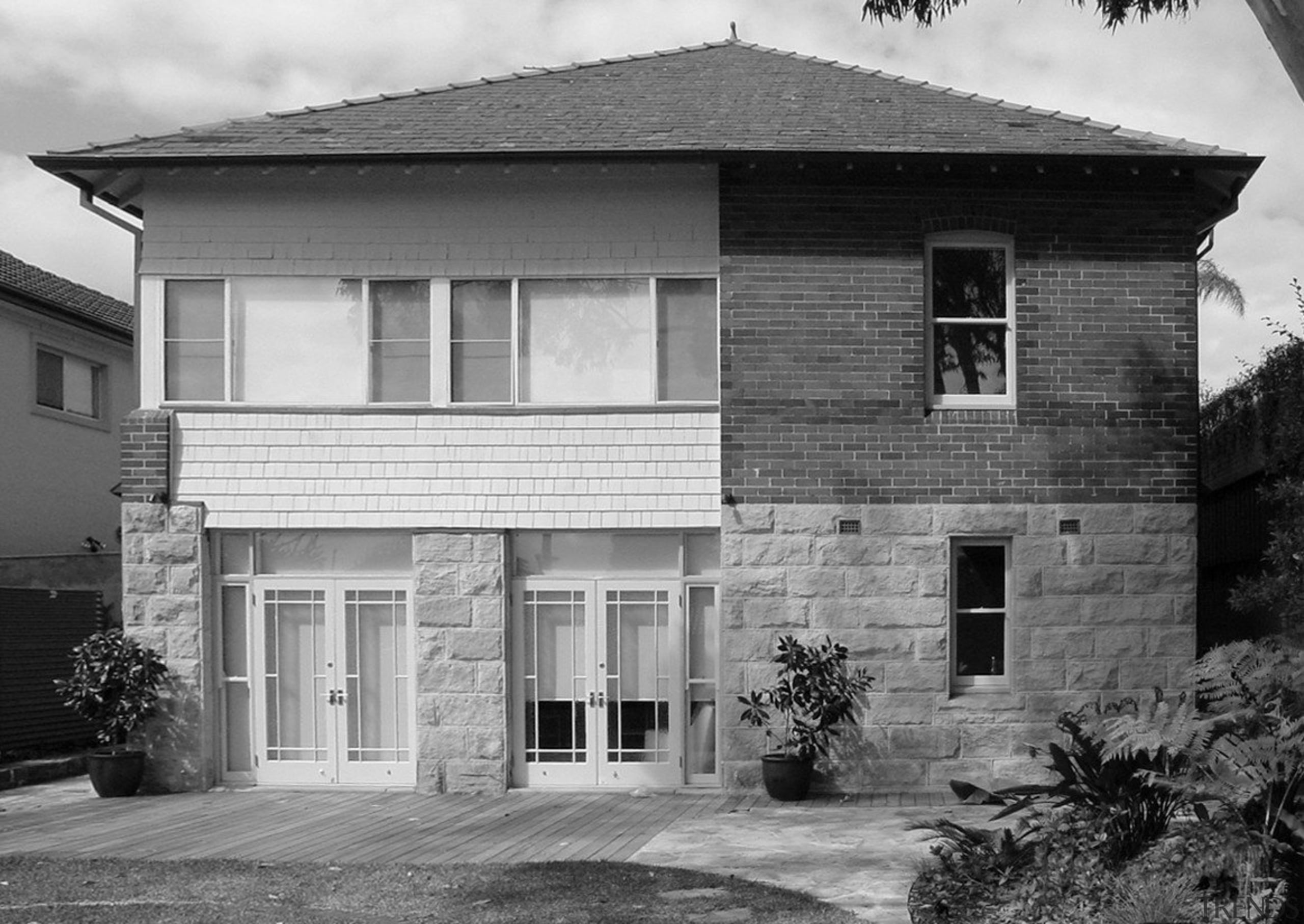 Before renovation, two sets of French doors connected architecture, black and white, boarding house, building, cottage, estate, facade, home, house, monochrome, monochrome photography, property, real estate, residential area, siding, suburb, window, gray, black, white