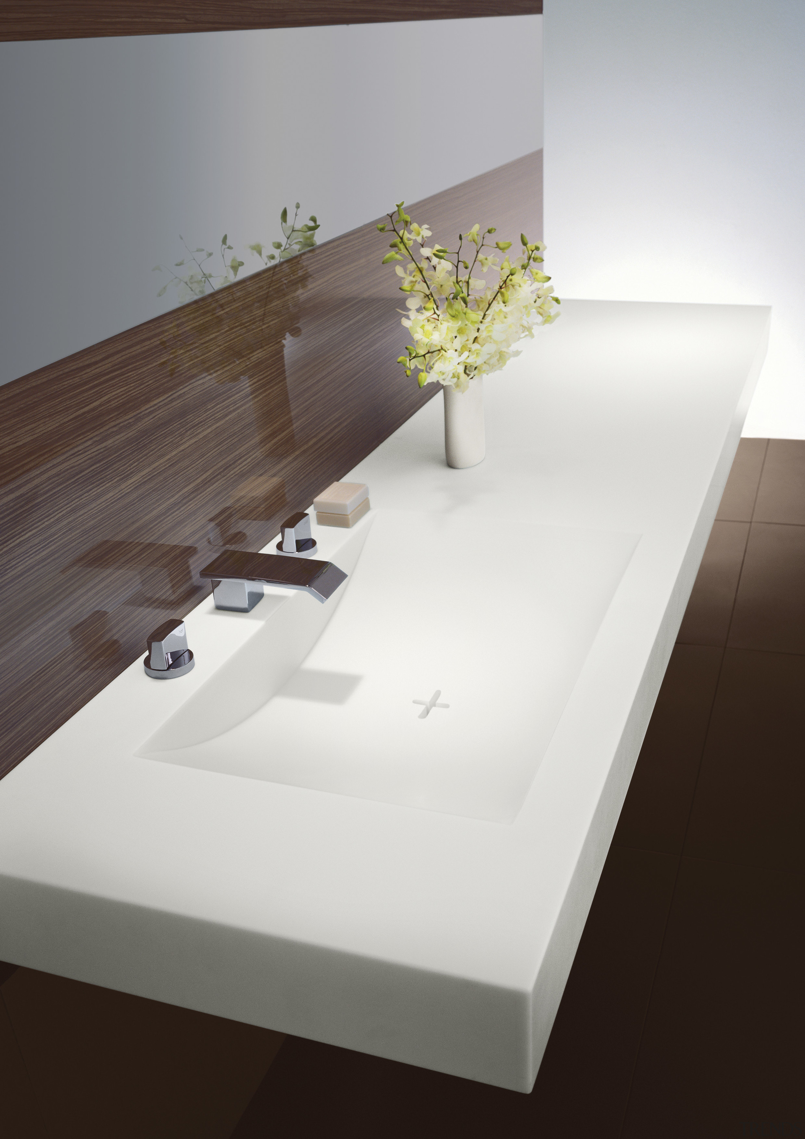 Laminex Solid Surfaces are a cost-effective option for angle, bathroom sink, coffee table, floor, furniture, product design, sink, table, tap, wood, white, gray, brown