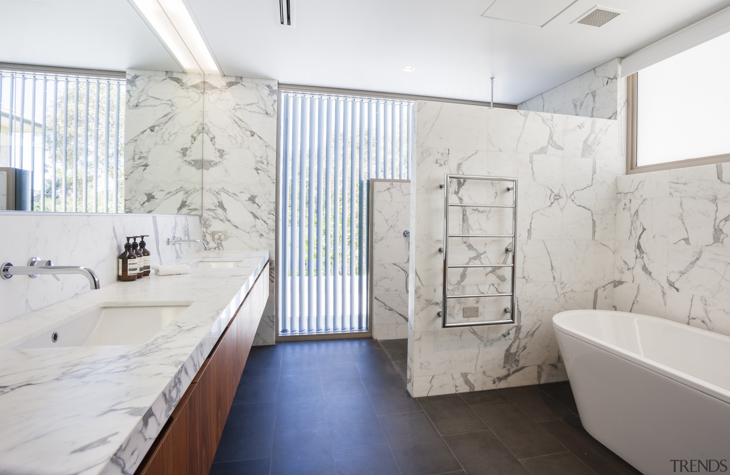 Statuario marble features in this master bathroom, part architecture, bathroom, ceiling, estate, floor, flooring, home, interior design, property, real estate, room, tile, white