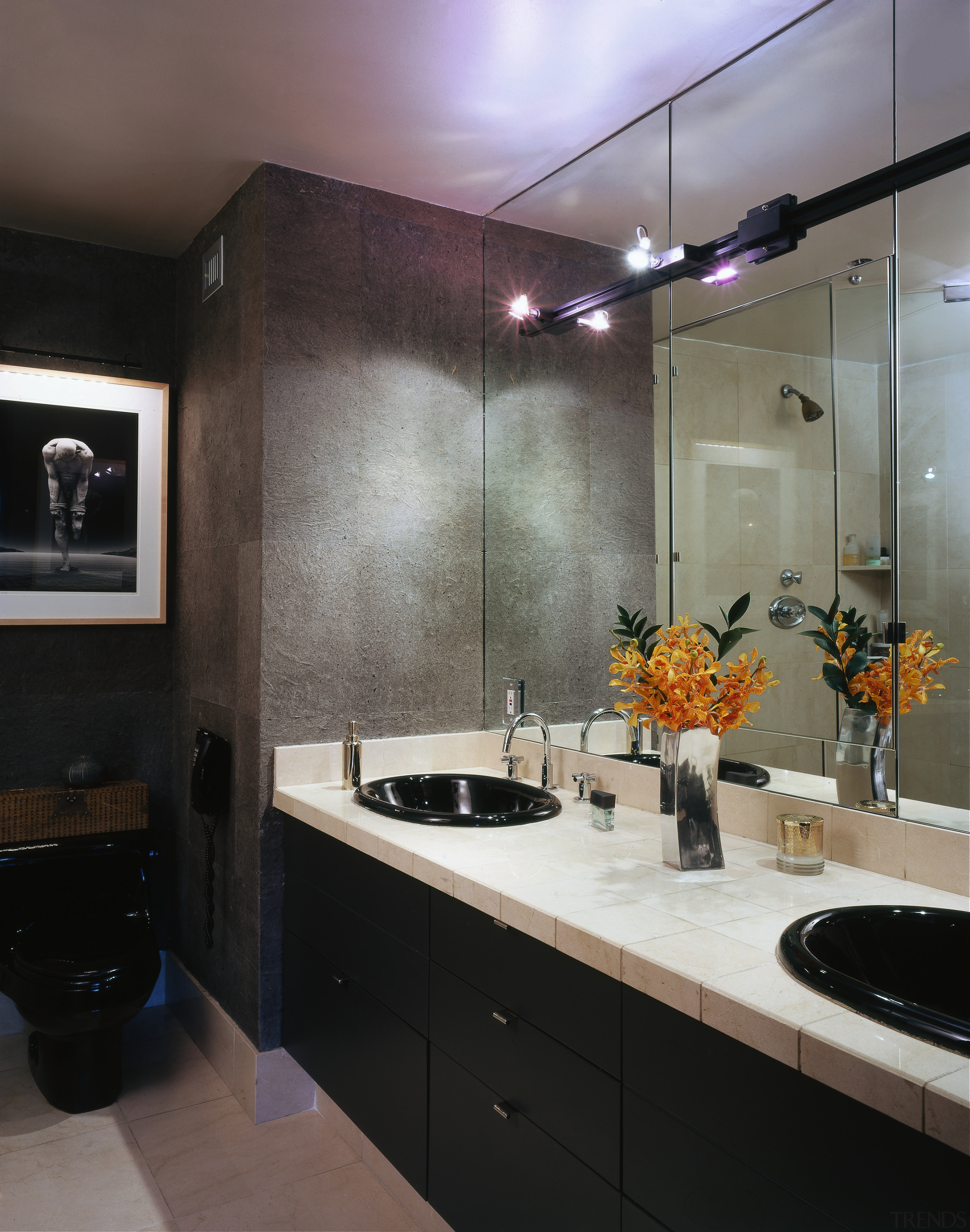 View of this modern bathroom with dark cabinetry bathroom, cabinetry, countertop, home, interior design, room, sink, black, gray