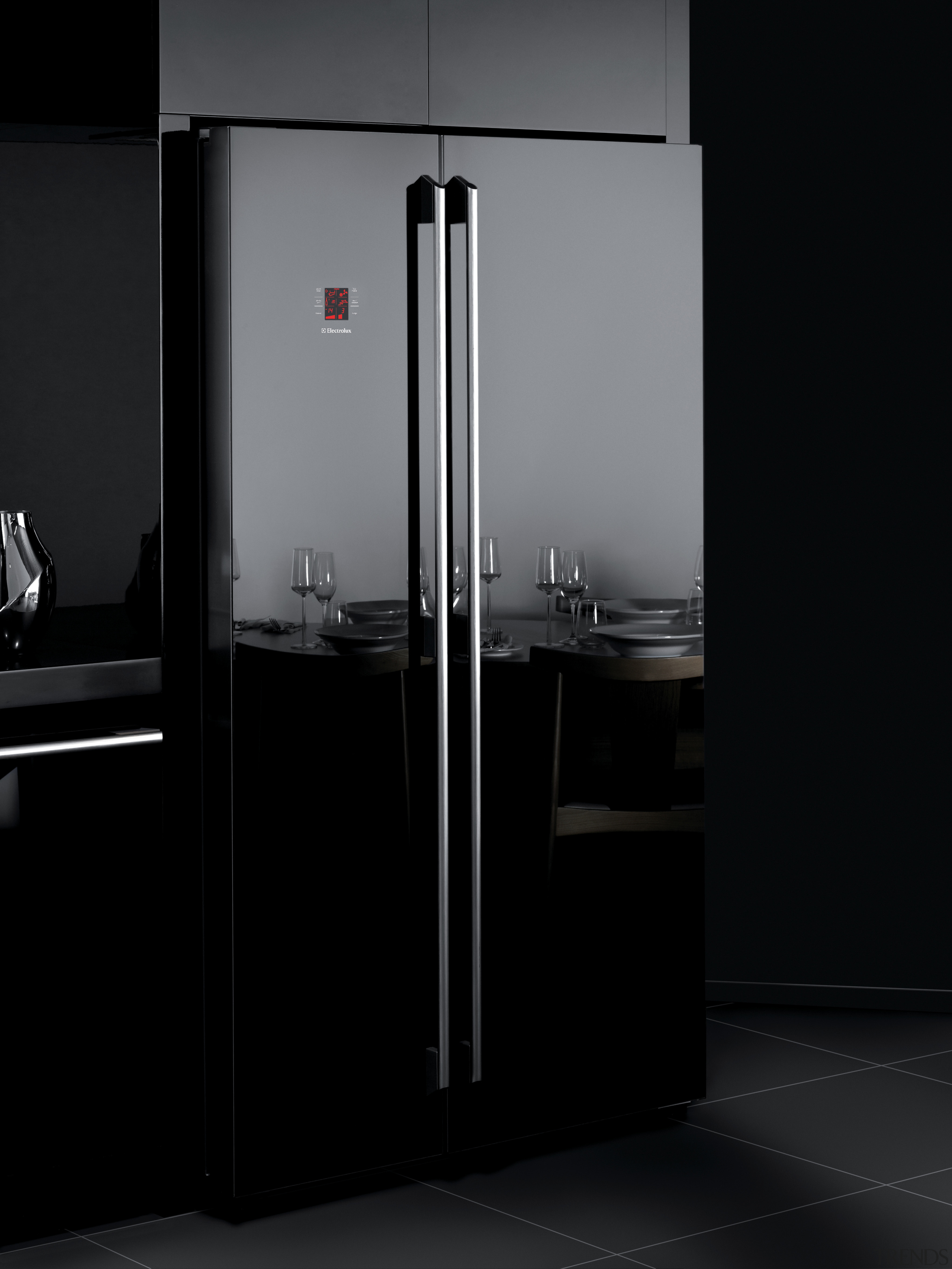 View of a contemporary kitchen which features dark angle, home appliance, kitchen appliance, major appliance, product design, refrigerator, black