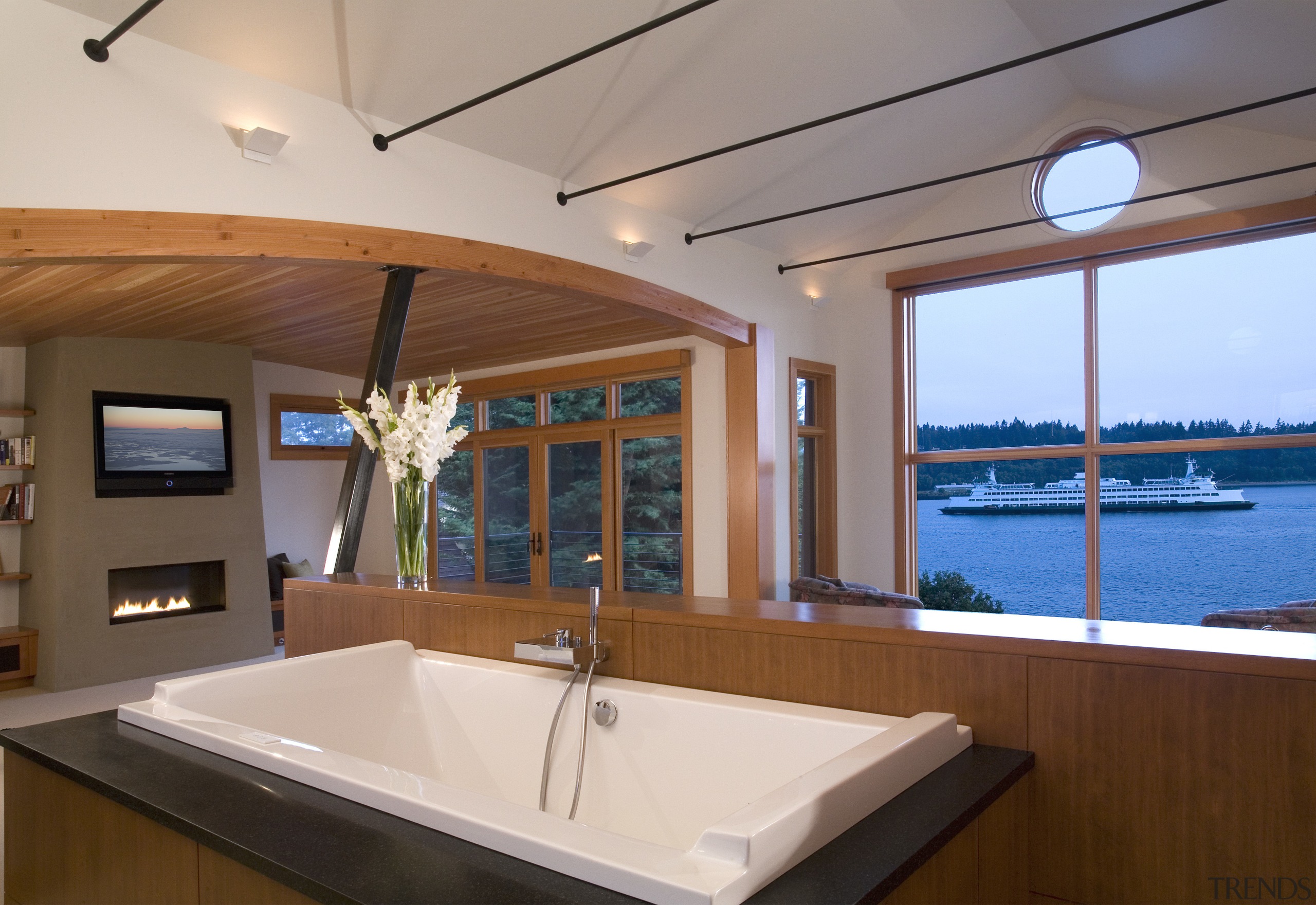 View of a remodeled house with timber ceilings architecture, bathroom, daylighting, estate, home, interior design, lighting, property, real estate, room, window, gray, brown