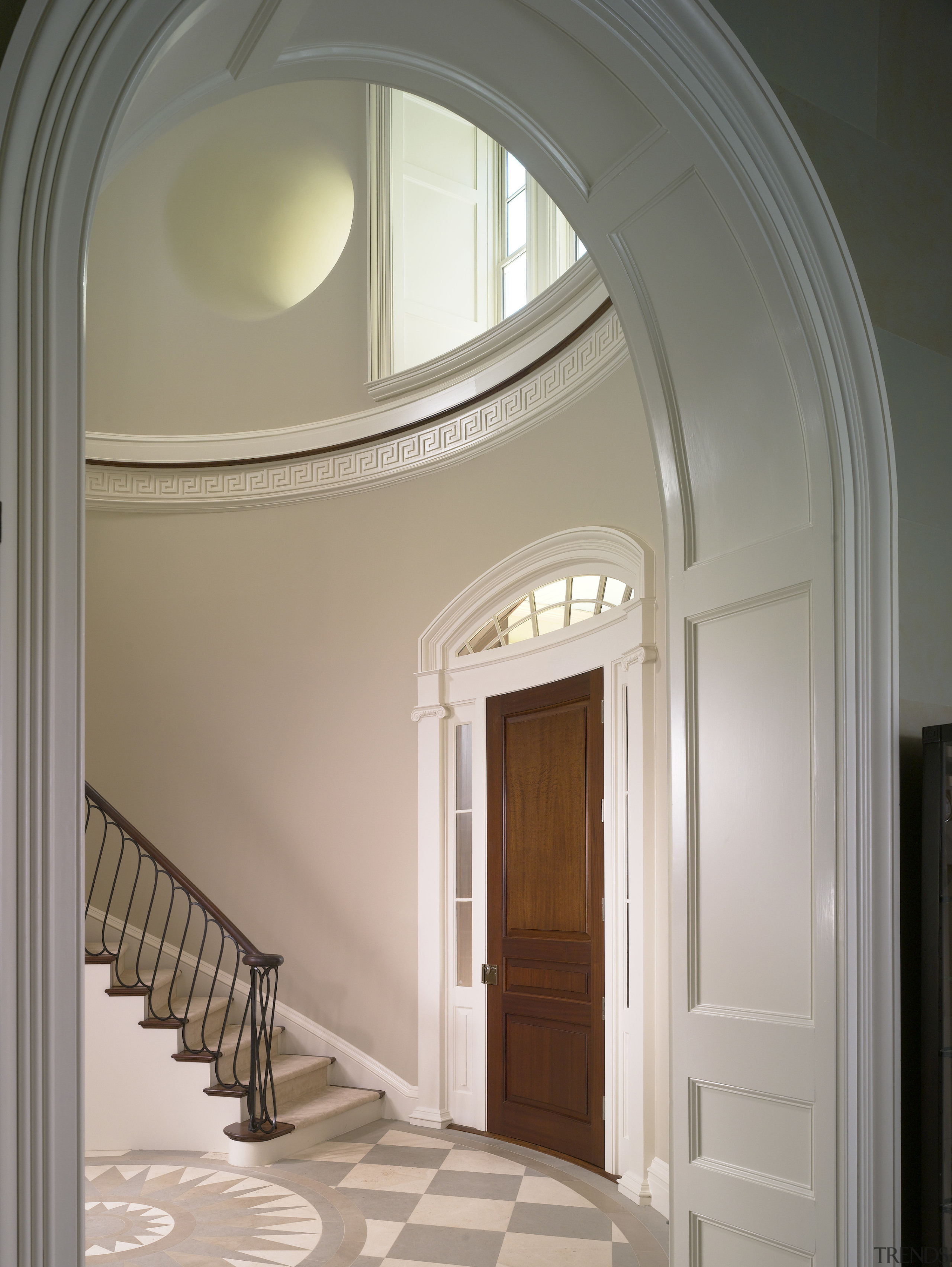 View of atrium of this Regency-styled home with arcade, arch, architecture, ceiling, column, daylighting, door, estate, home, interior design, molding, property, structure, wall, window, gray