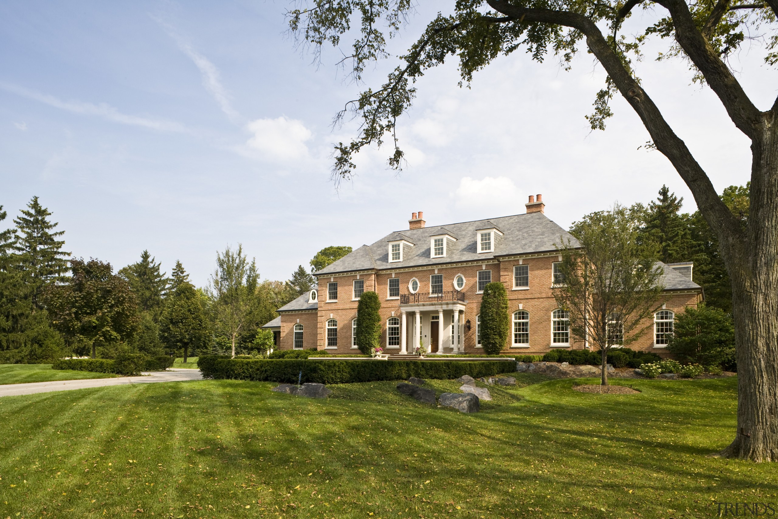 Exterior view of Georgian-style home with brick cladding, building, cottage, estate, facade, farmhouse, grass, historic house, home, house, land lot, lawn, manor house, mansion, national trust for places of historic interest or natural beauty, plantation, property, real estate, sky, stately home, tree, villa, brown, white